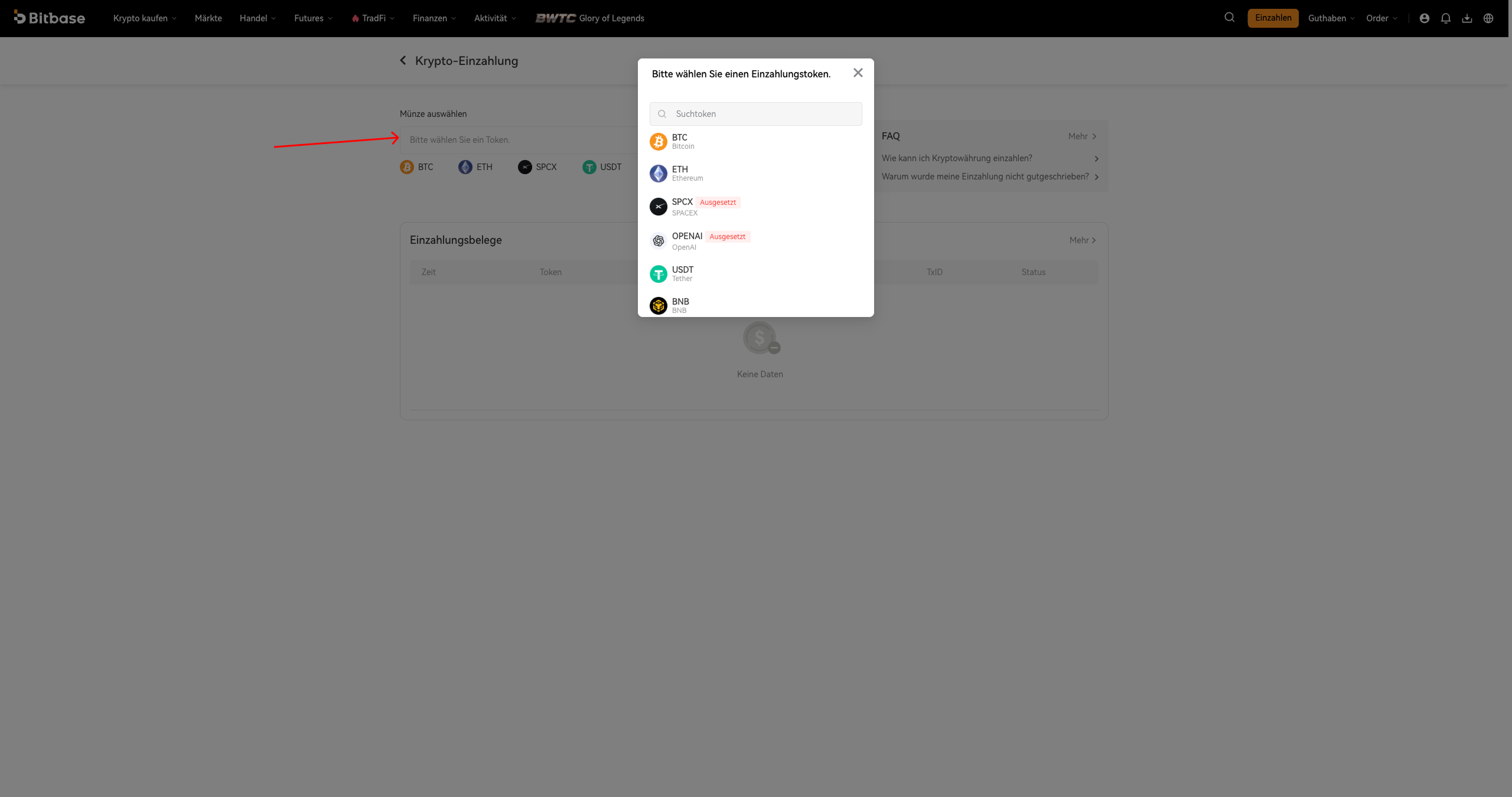 Crypto-Deposit-Seite — Select-Coin-Liste und Schnellauswahl-Münzen