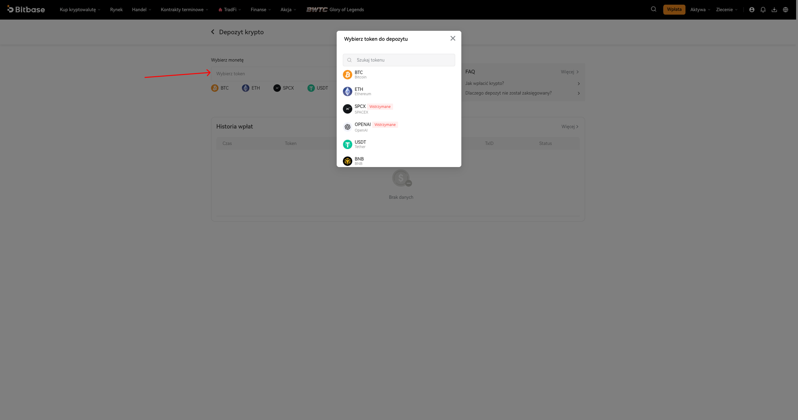 Strona Crypto Deposit — lista Select Coin i szybkie monety