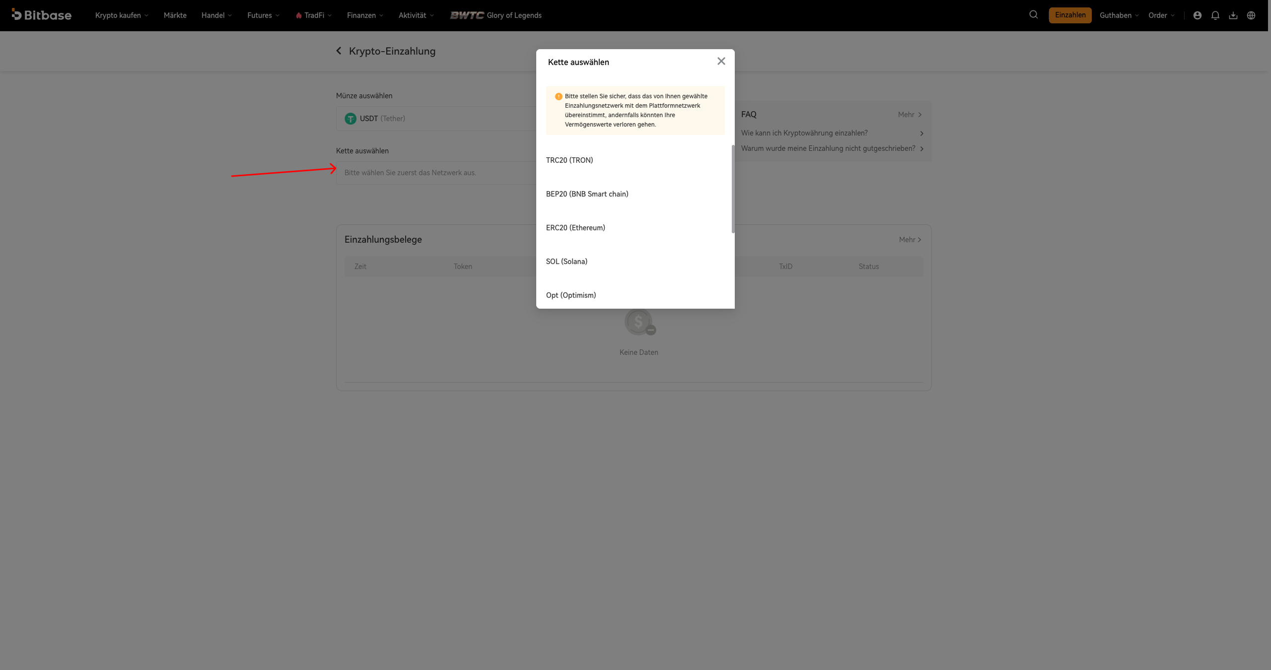 Select-chain-Dialog — Netzwerkliste (TRC20 / BEP20 / ERC20 / SOL / Opt) mit dem Hinweis zur Netzwerk-Übereinstimmung