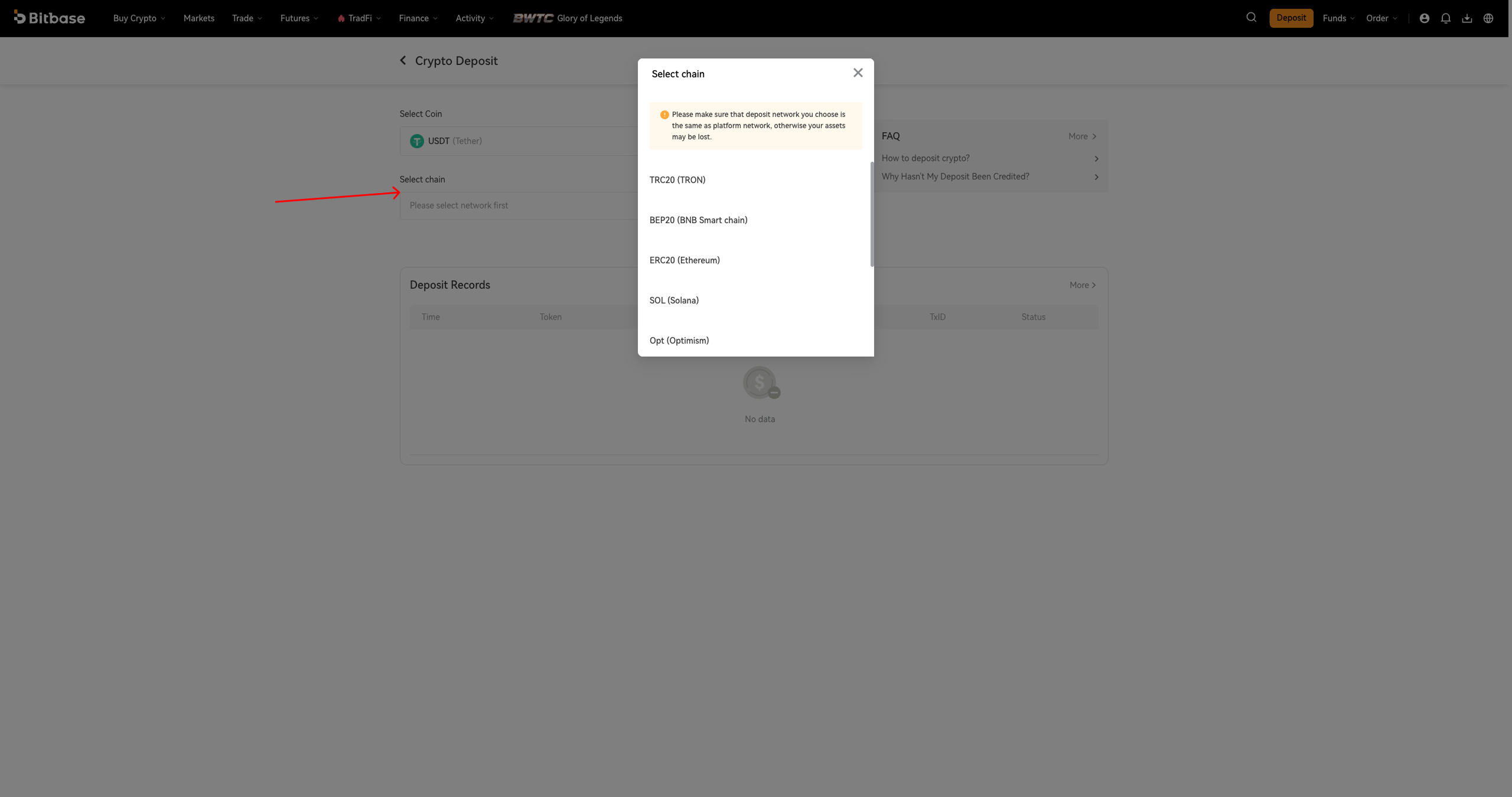 Select chain modal — network list