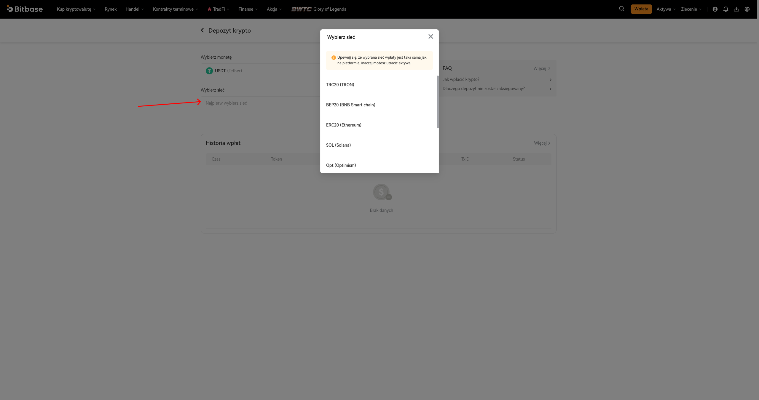 Okno Select chain — lista sieci (TRC20 / BEP20 / ERC20 / SOL / Opt) i ostrzeżenie o zgodności sieci