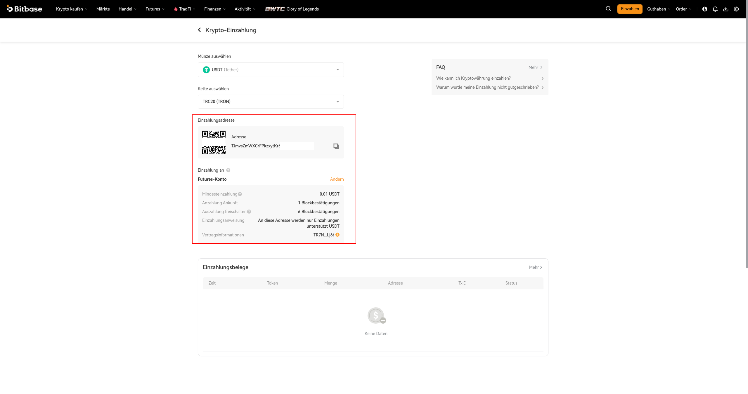 Deposit Address — QR-Code + Adresse, Empfangskonto (Spot / Futures) und die Details