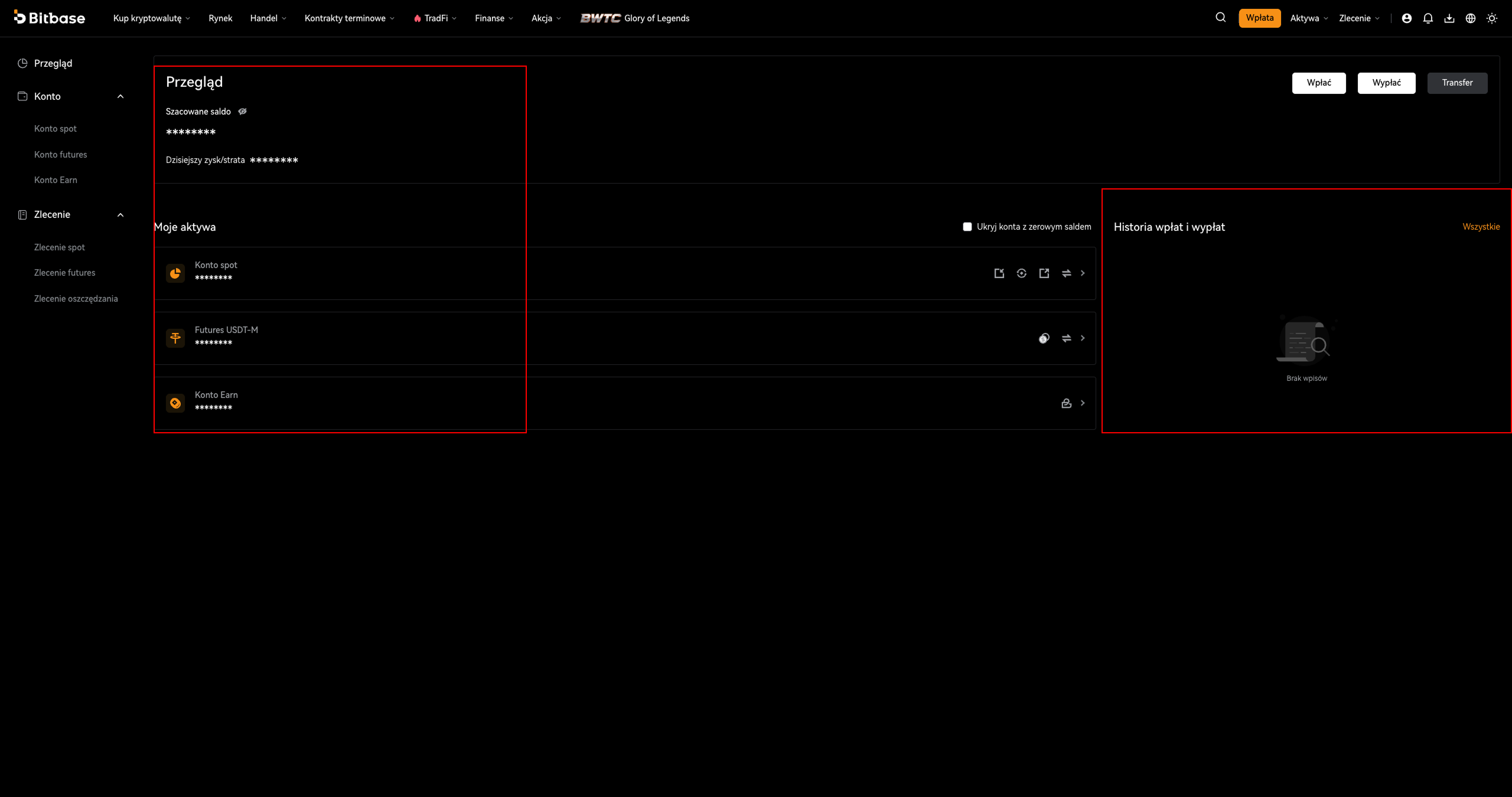 Funds › Overview — szacowane saldo oraz konta Spot / Futures / Earn