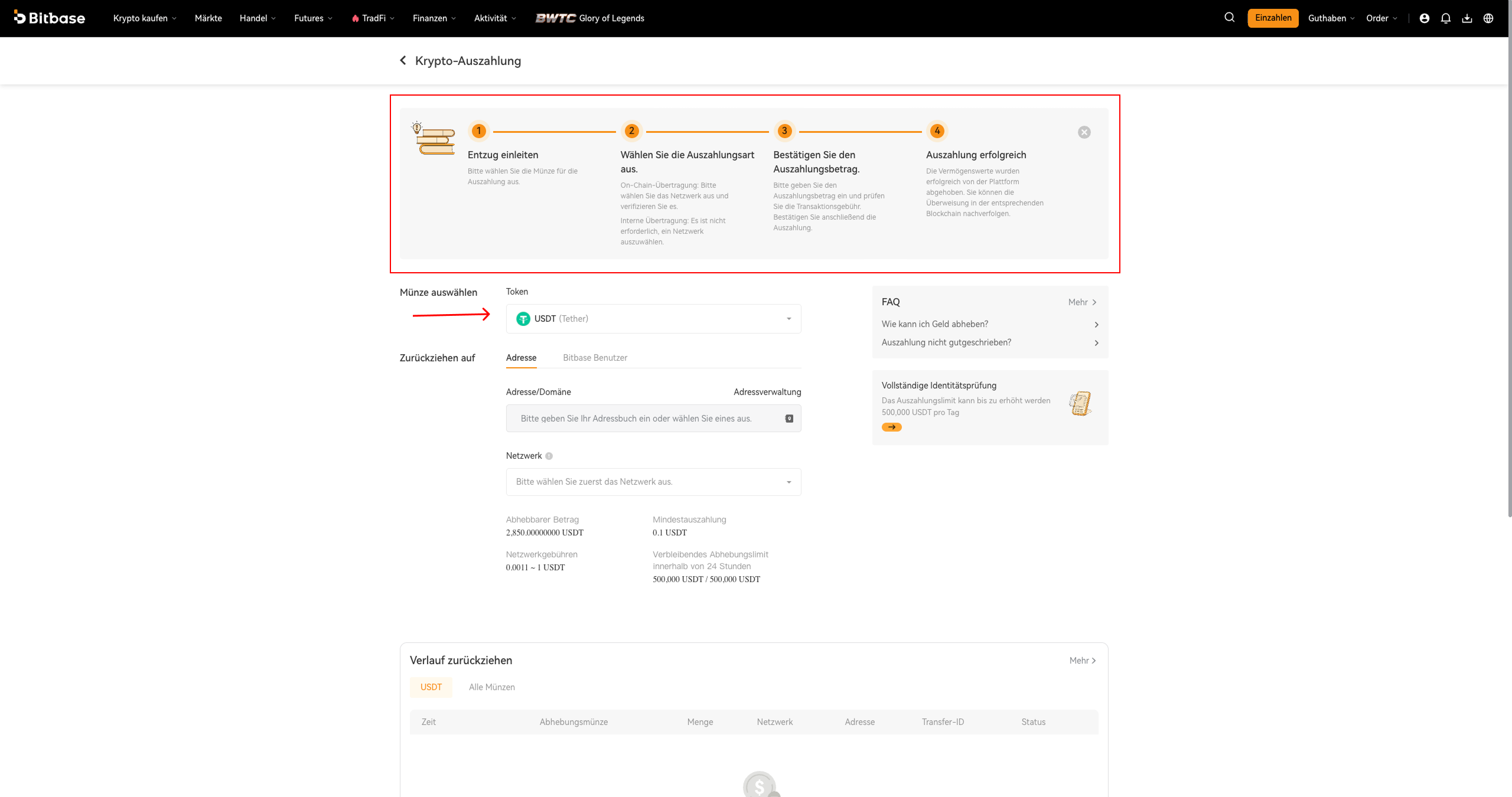 Crypto-Withdraw-Seite — der vierstufige Tracker und die gewählte Münze (Token)