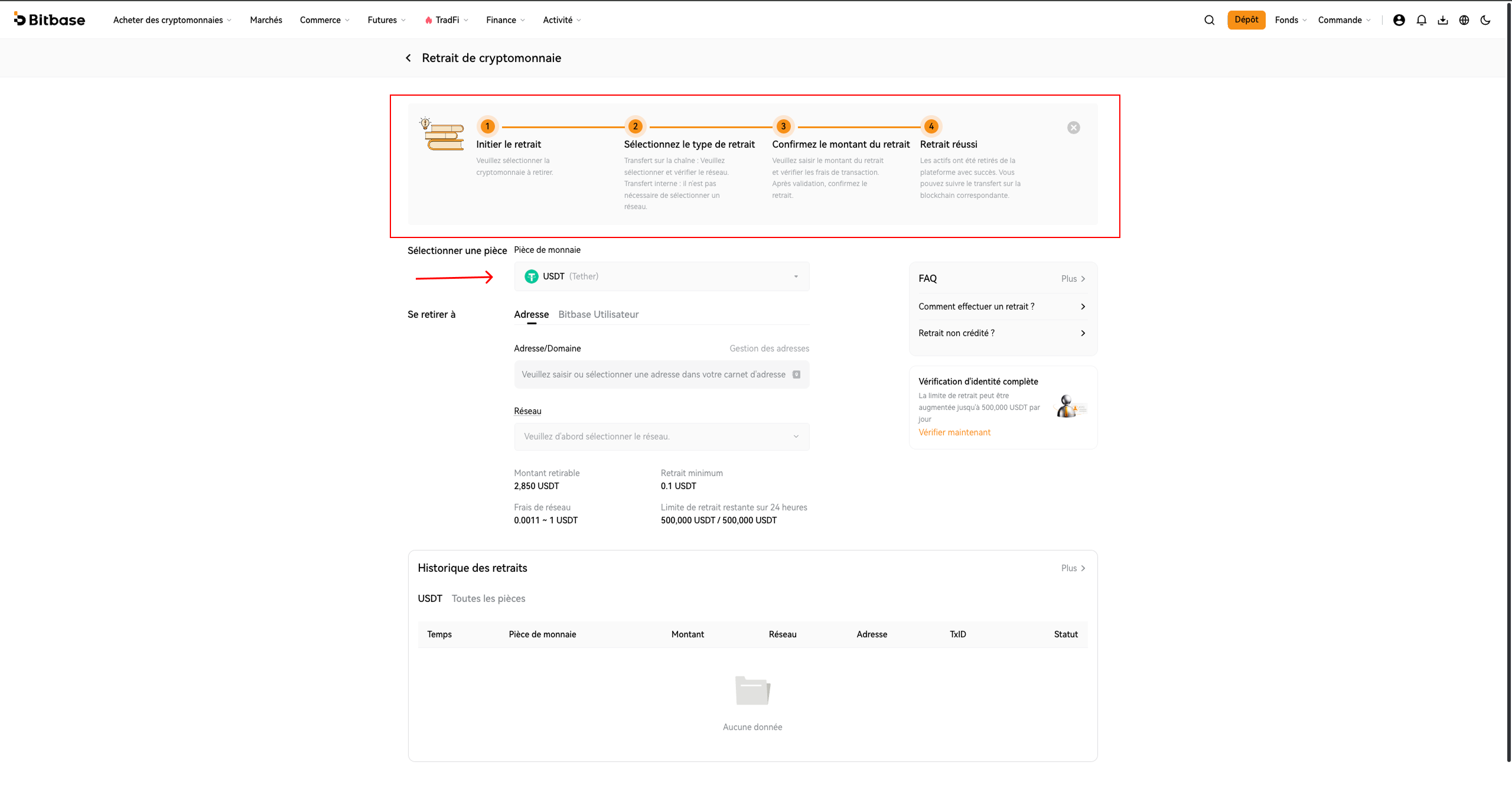 Comment déposer et retirer des cryptos sur Bitbase (Web)-bitbase-6015
