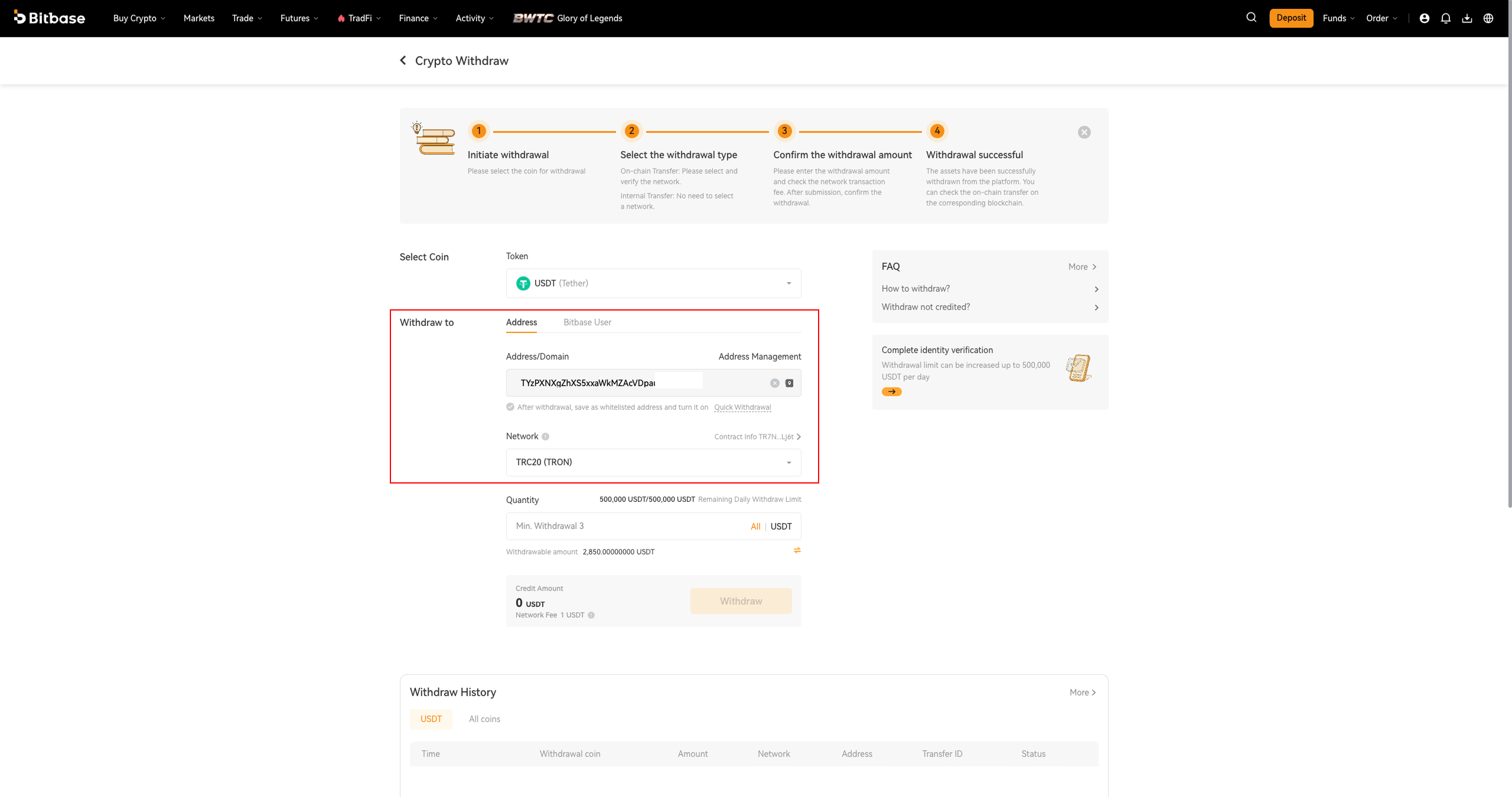 Withdraw form — Address/Domain entered and the Network selected