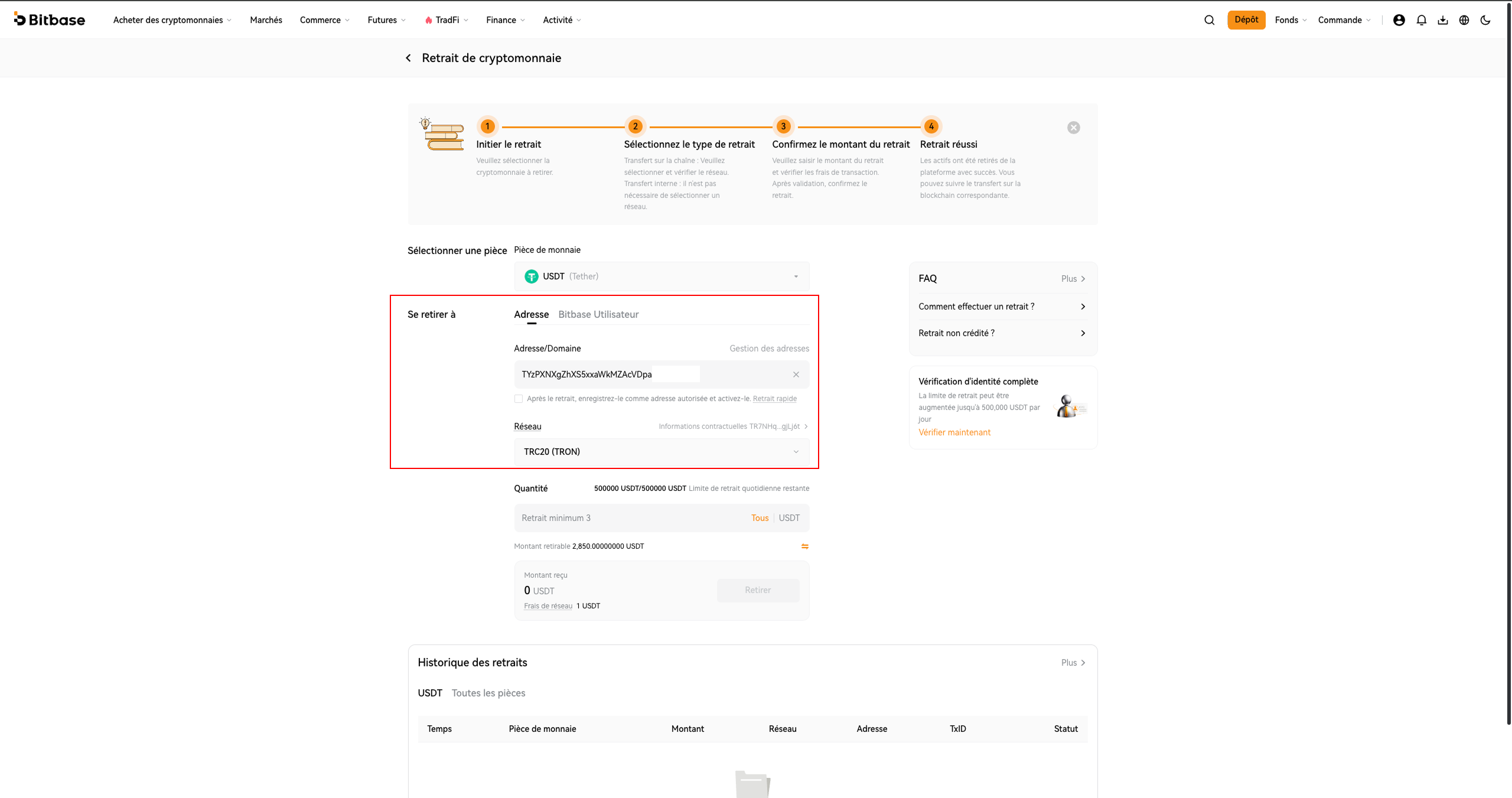 Comment déposer et retirer des cryptos sur Bitbase (Web)-bitbase-2150