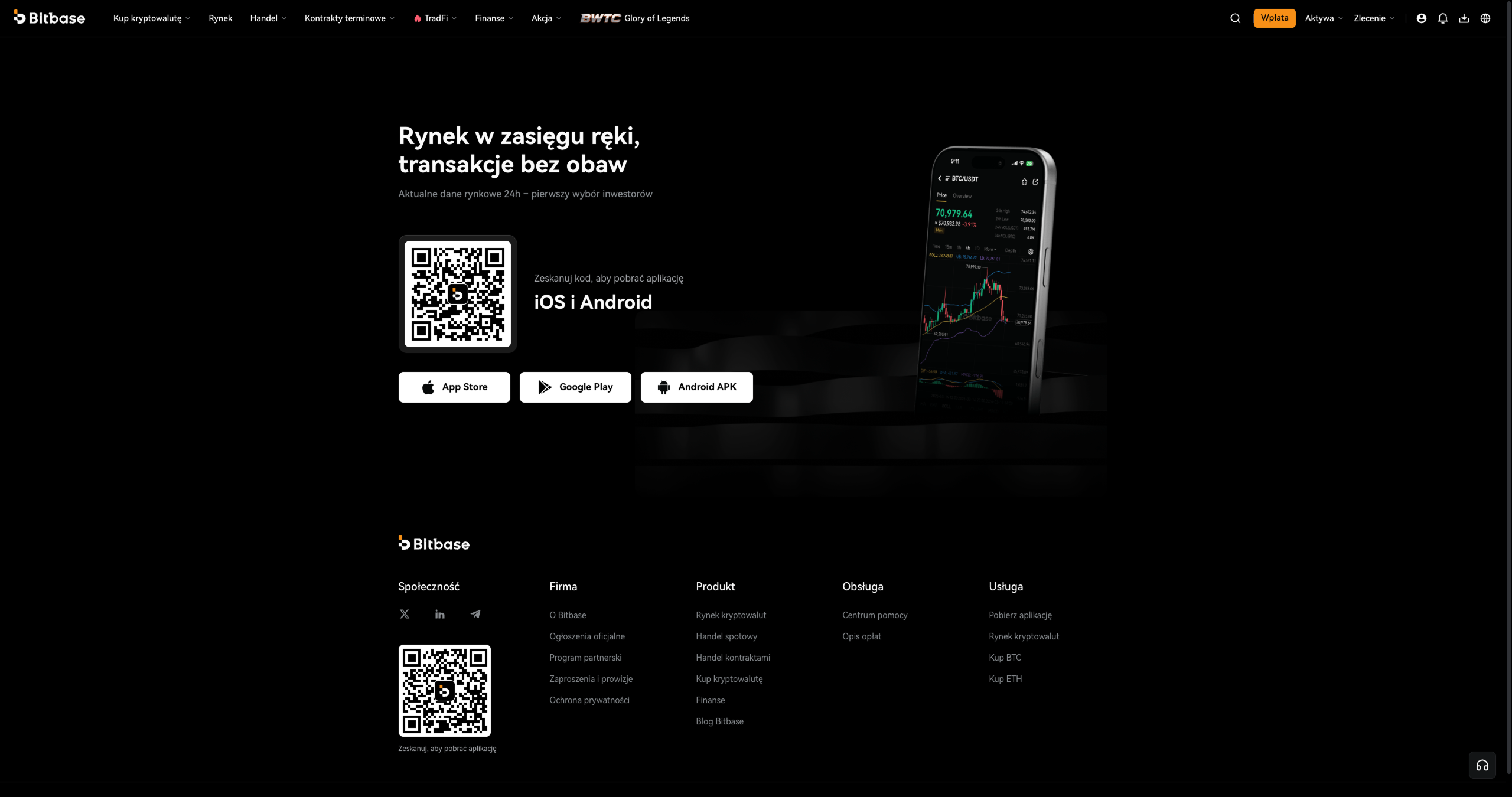 Pobieranie aplikacji Bitbase — strona App Store / Google Play lub strona pobierania na bitbase.com