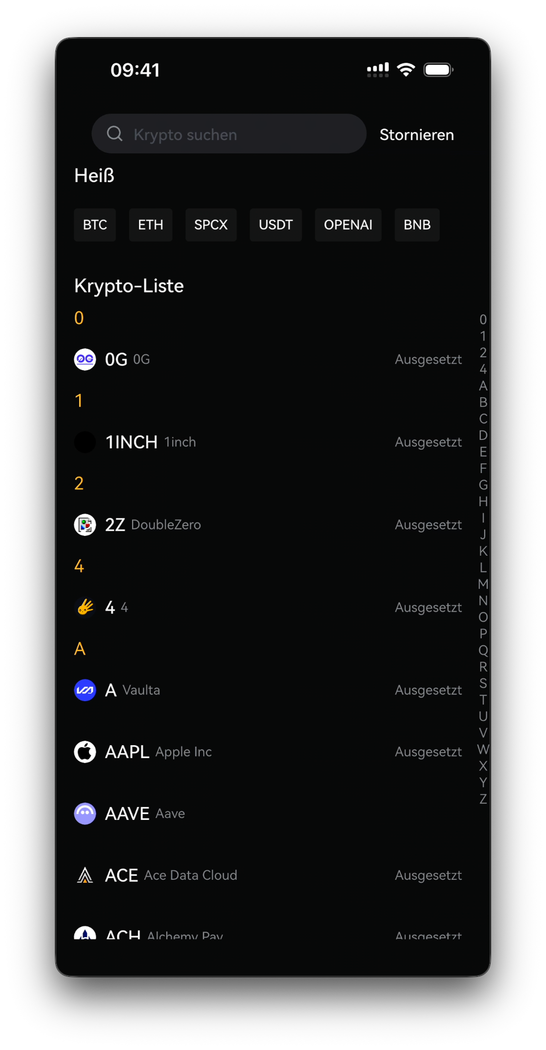 Kryptowährung wählen — Suchfeld und Münzliste (z. B. USDT)