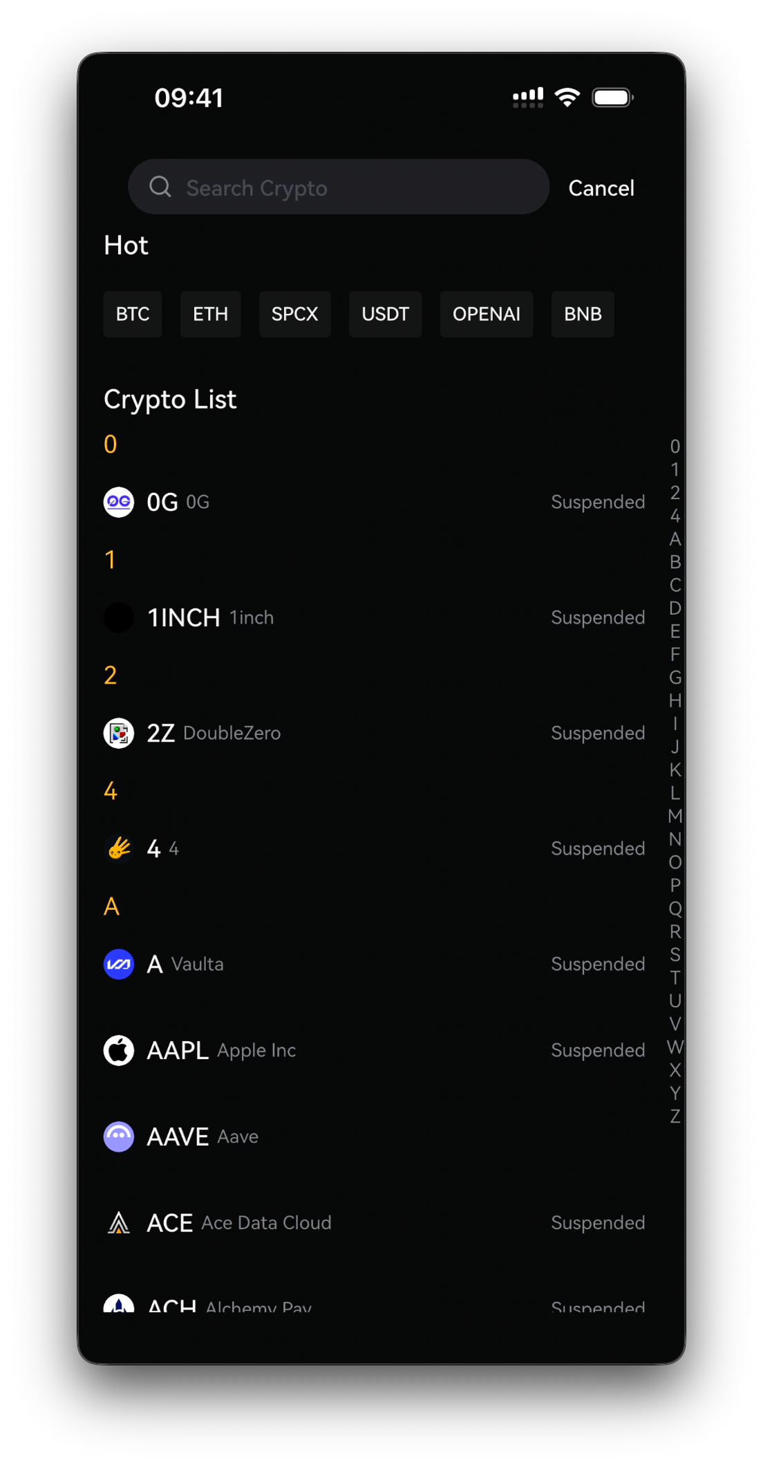 Select cryptocurrency — search box and coin list