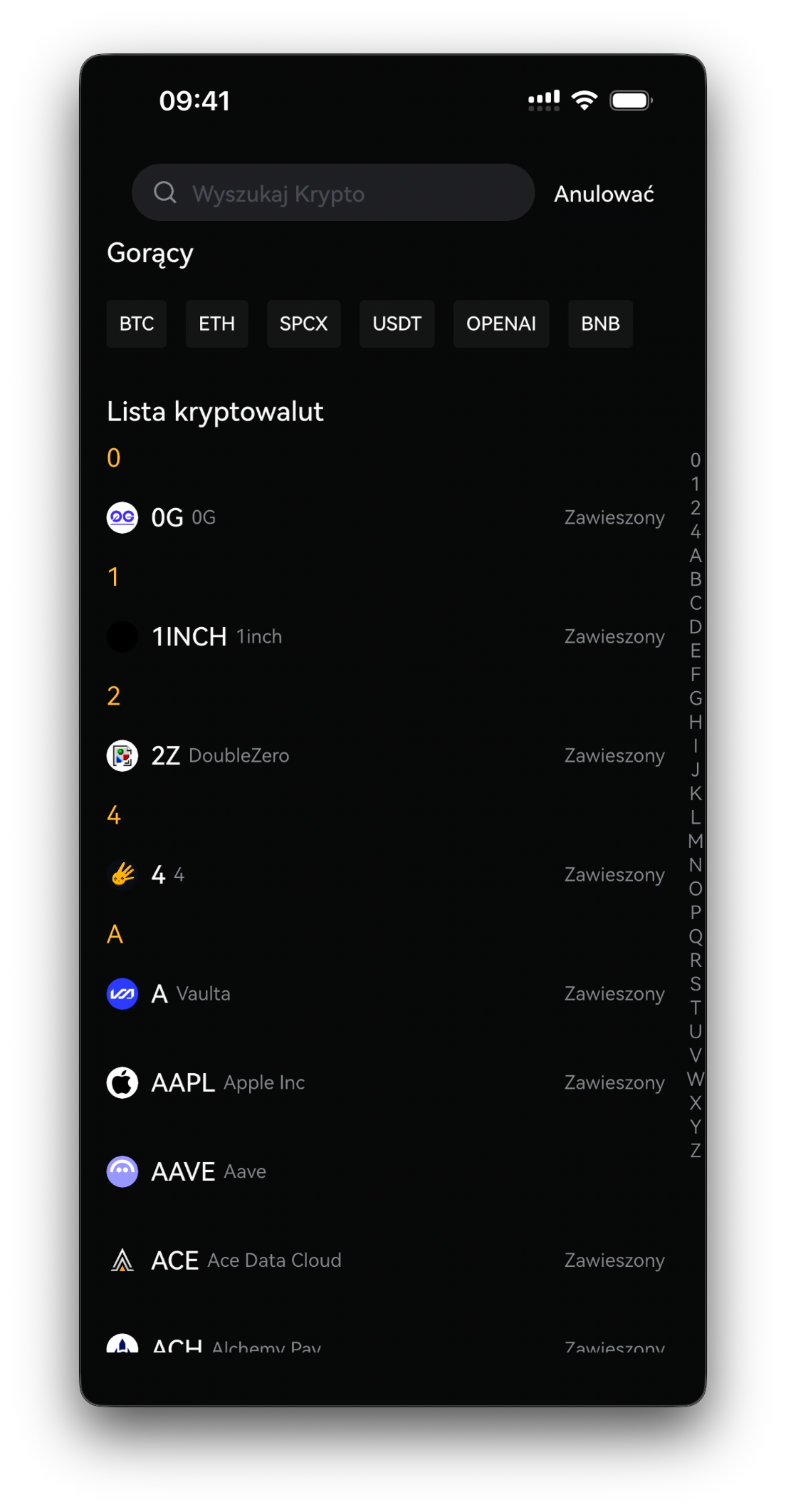 Wybór kryptowaluty — wyszukiwarka i lista monet (np. USDT)