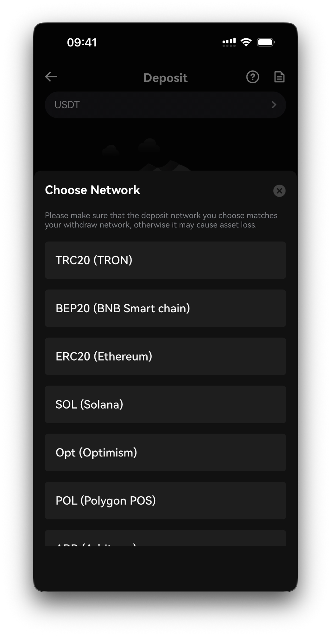 Select network screen — network list