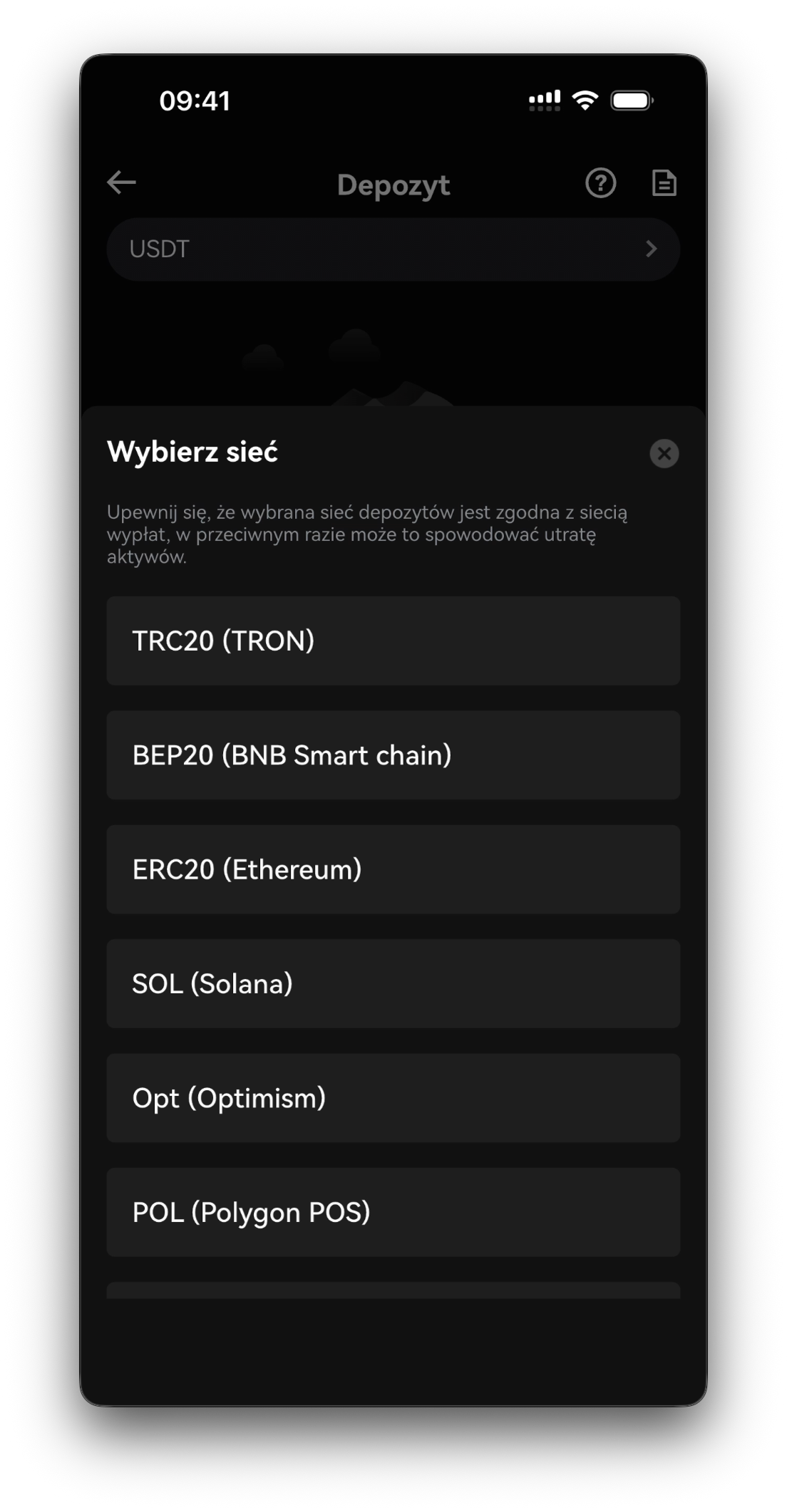 Ekran wyboru sieci — lista sieci