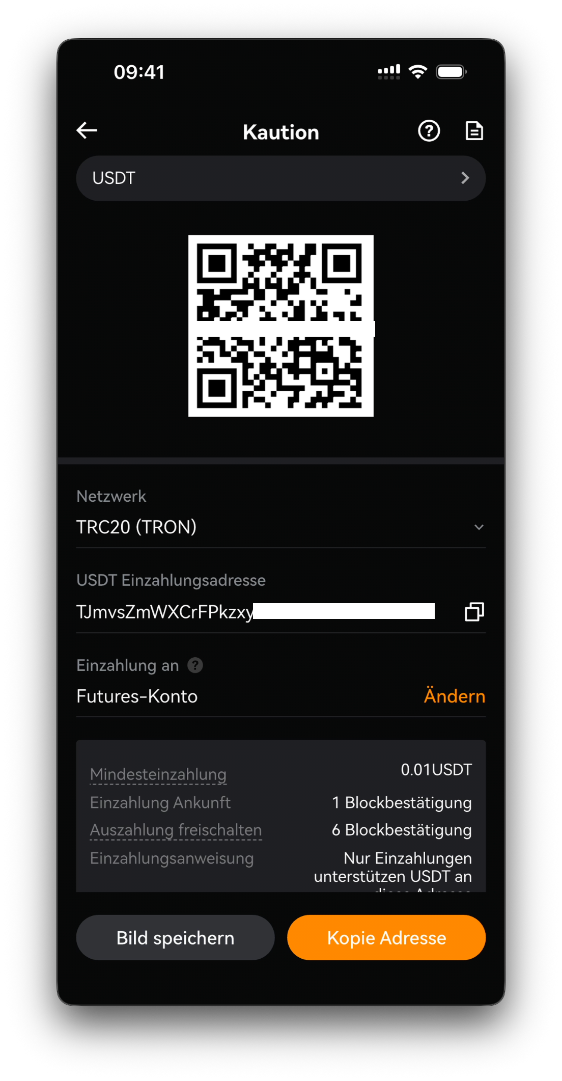 Einzahlungsadresse — QR-Code, Adresse und Empfangskonto