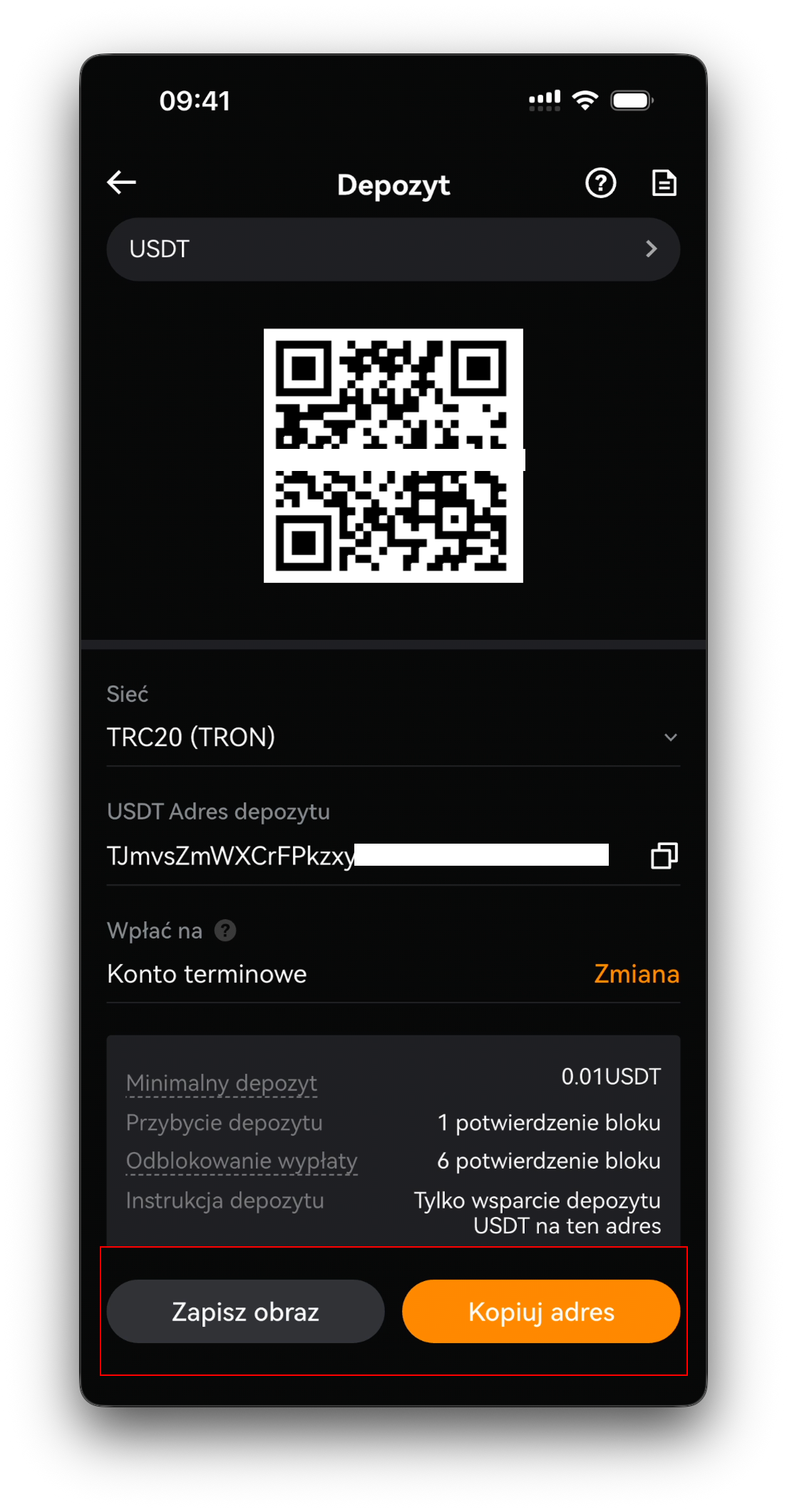 Adres wpłaty — kod QR, adres i konto docelowe