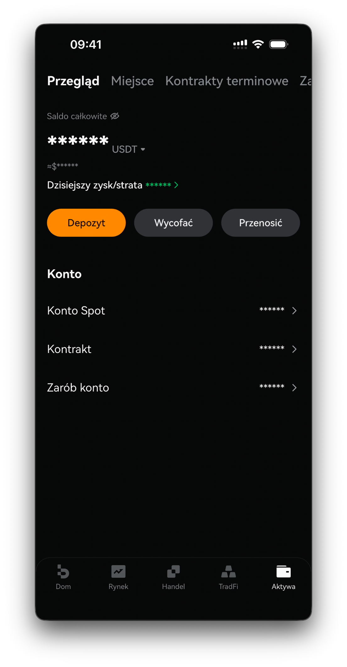 Ekran główny / aktywa z zaktualizowanym saldem