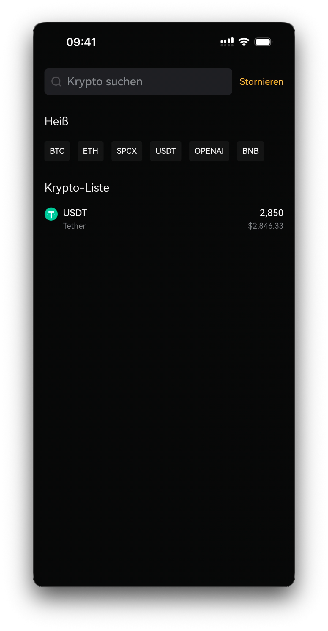 Kopfzeile des Auszahlungsbildschirms — Withdraw USDT