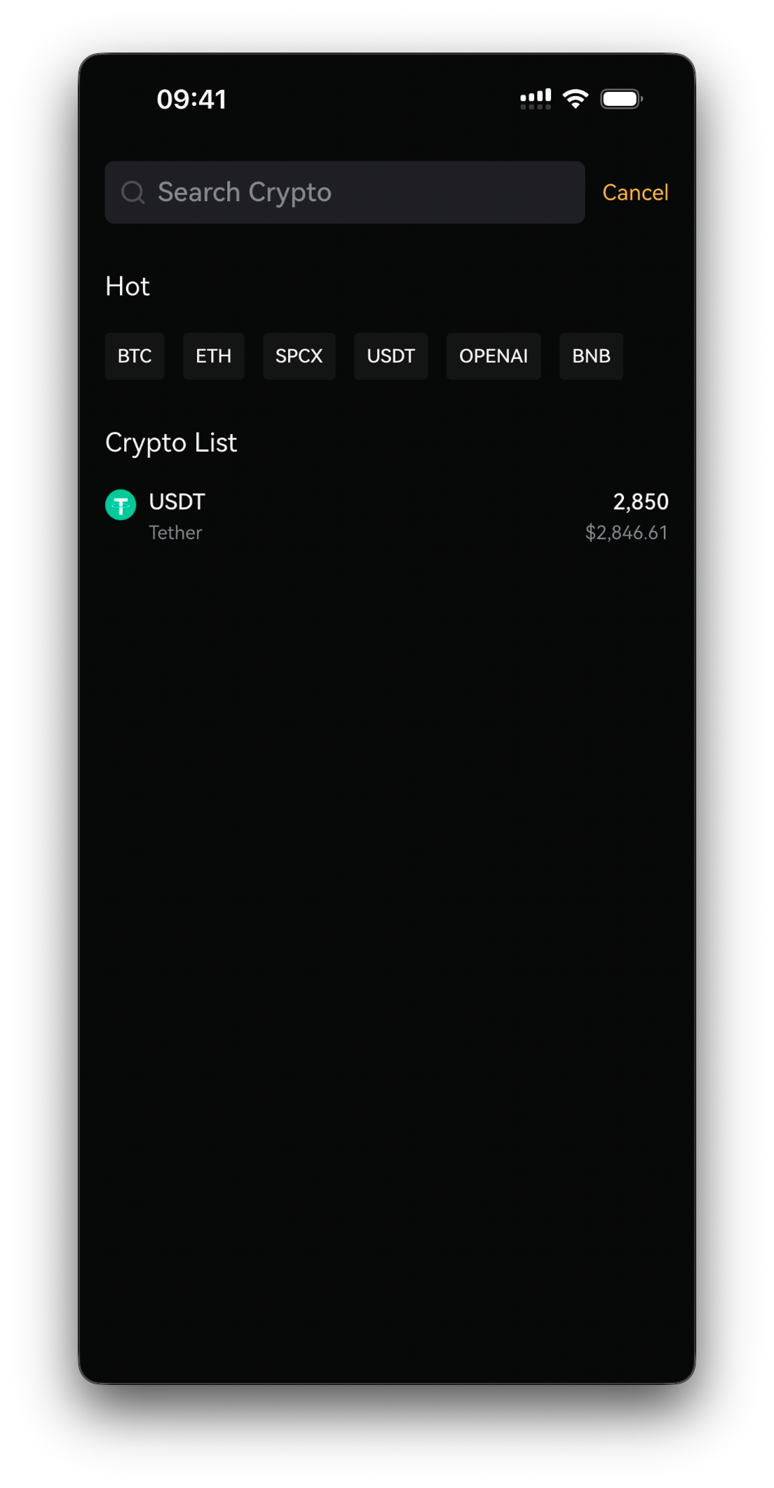 Withdraw screen header — Withdraw USDT