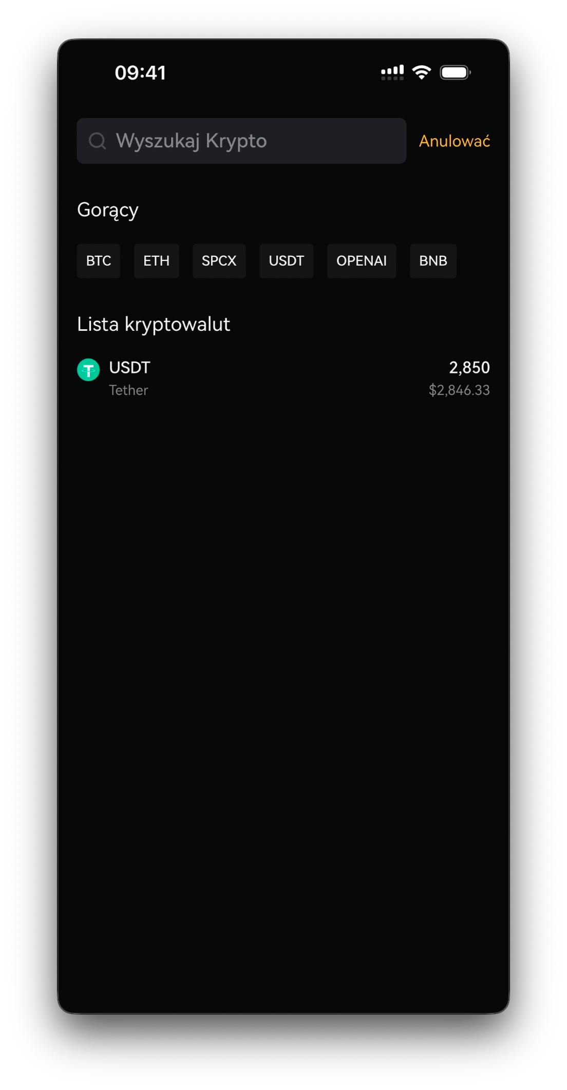 Nagłówek ekranu wypłaty — Withdraw USDT