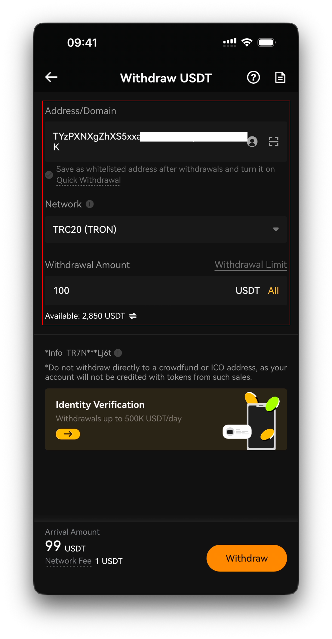 Withdraw screen — Address/Domain entered and Network selected