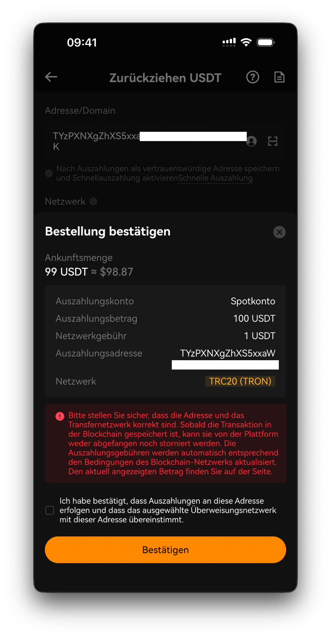 Auszahlungsbetrag mit Arrival Amount, Network Fee, Identitätsprüfung und dem Withdraw-Button