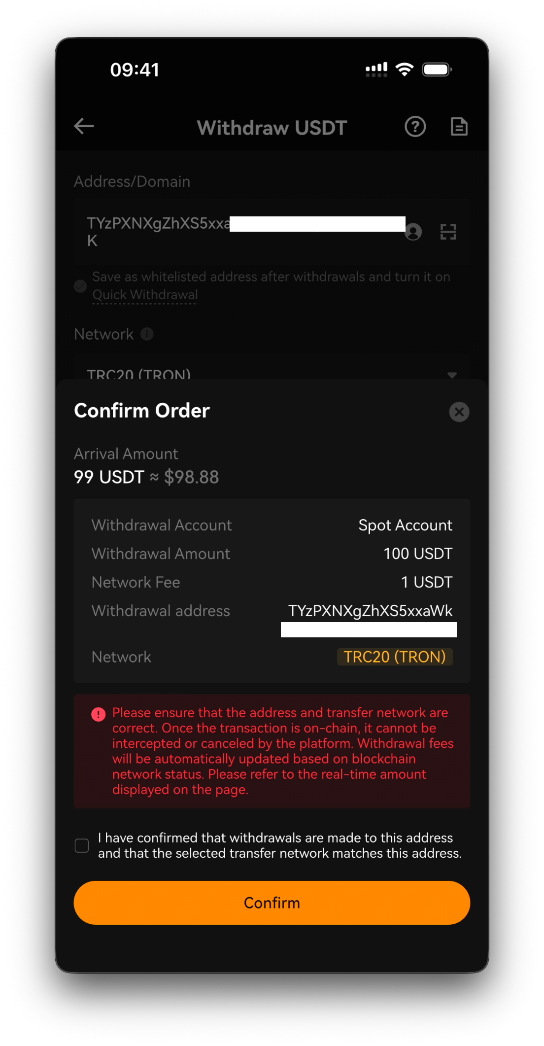 Withdrawal amount with Arrival Amount, Network Fee, identity verification, and the Withdraw