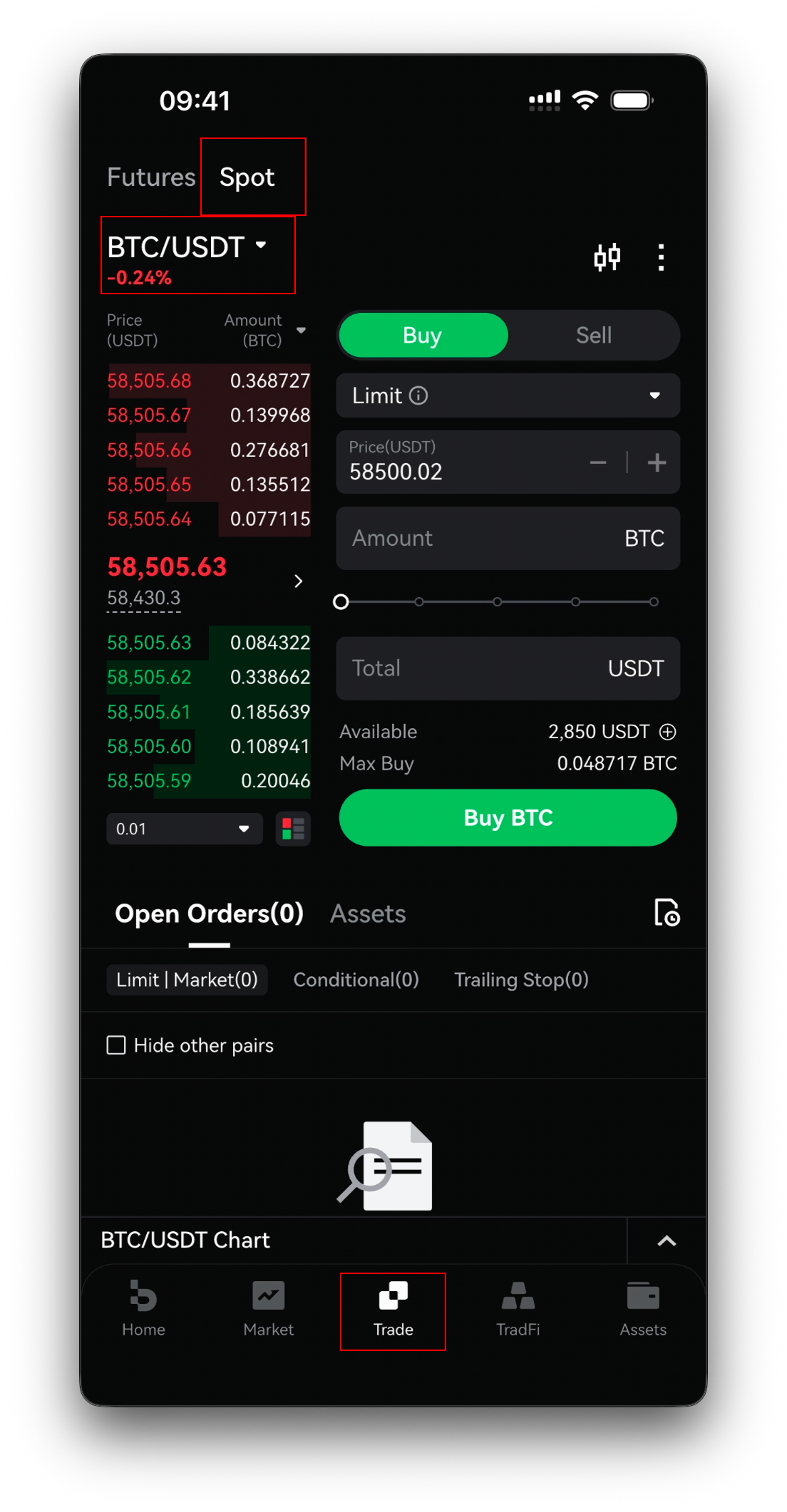 Spot trading screen — order book and the Buy/Sell order panel