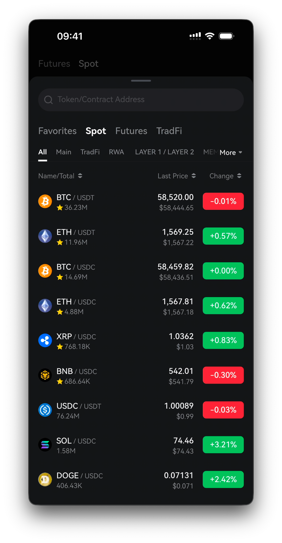 Trading-pair selector — search box and pair list