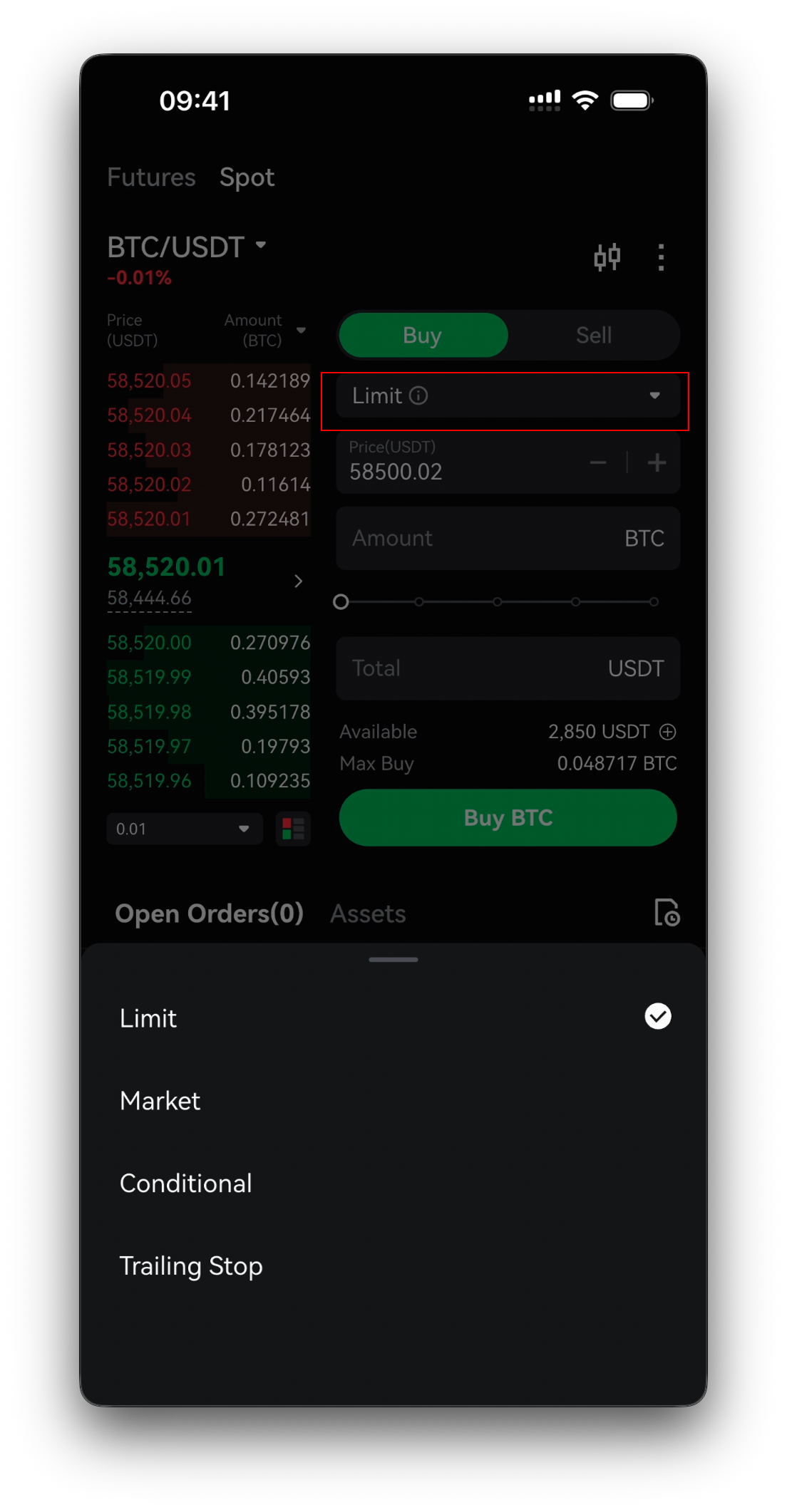 Buy/Sell toggle and the order-type menu