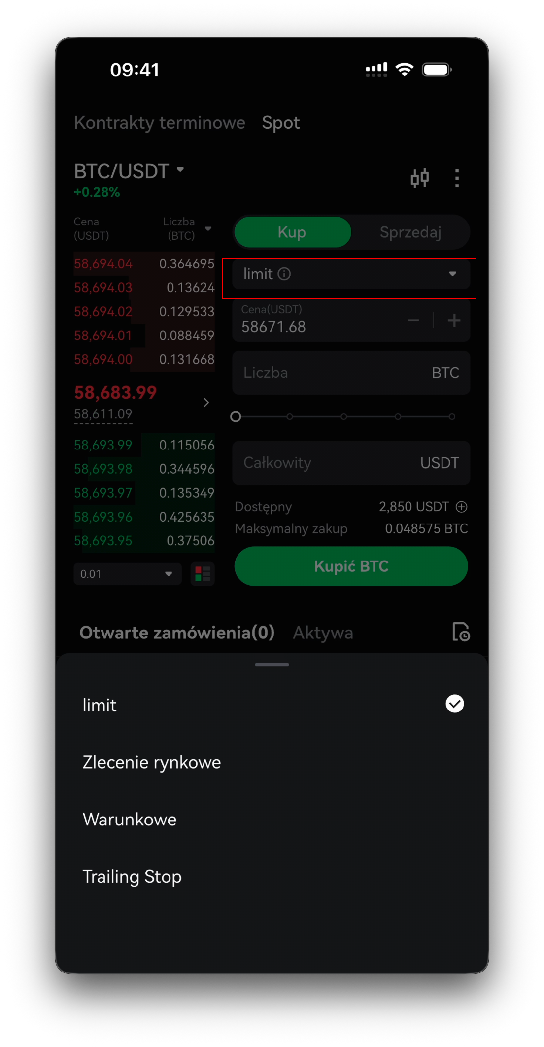 Przełącznik Kup/Sprzedaj i menu typu zlecenia (Limit / Rynek / Zlecenie planowane / Trailing Stop)