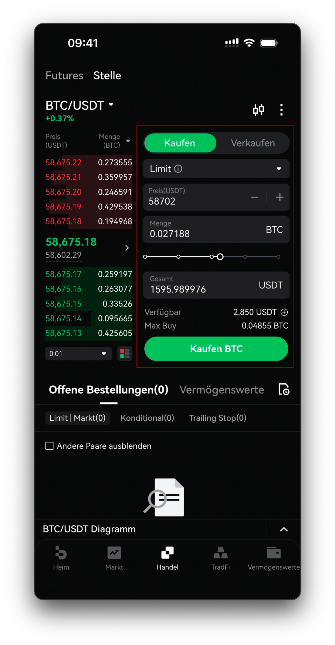 Ausgefüllte Order — Preis, Menge, Regler, Gesamt und der Kaufen-BTC-Button
