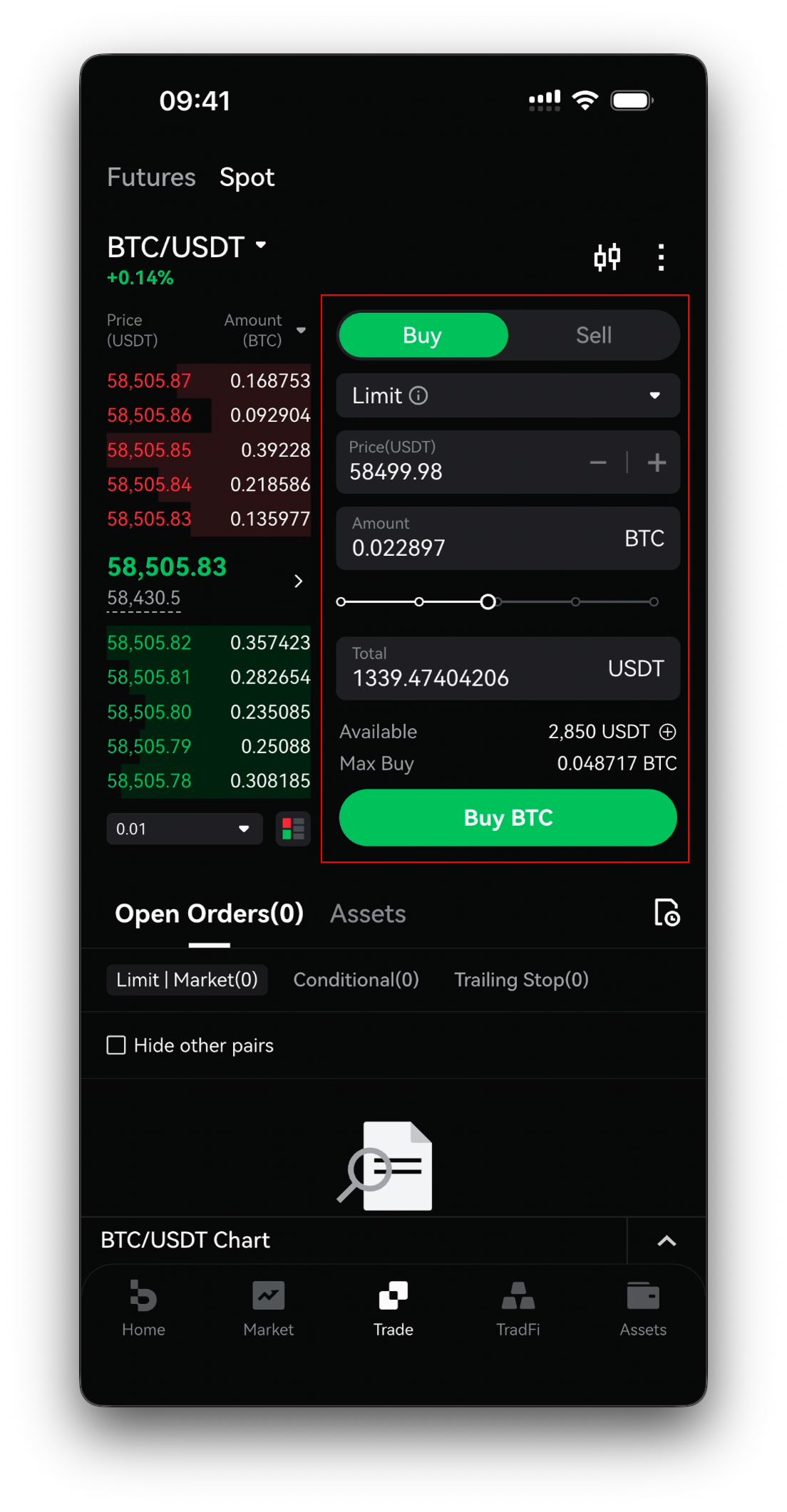 Order filled in — Price, Amount, slider, Total and the Buy BTC