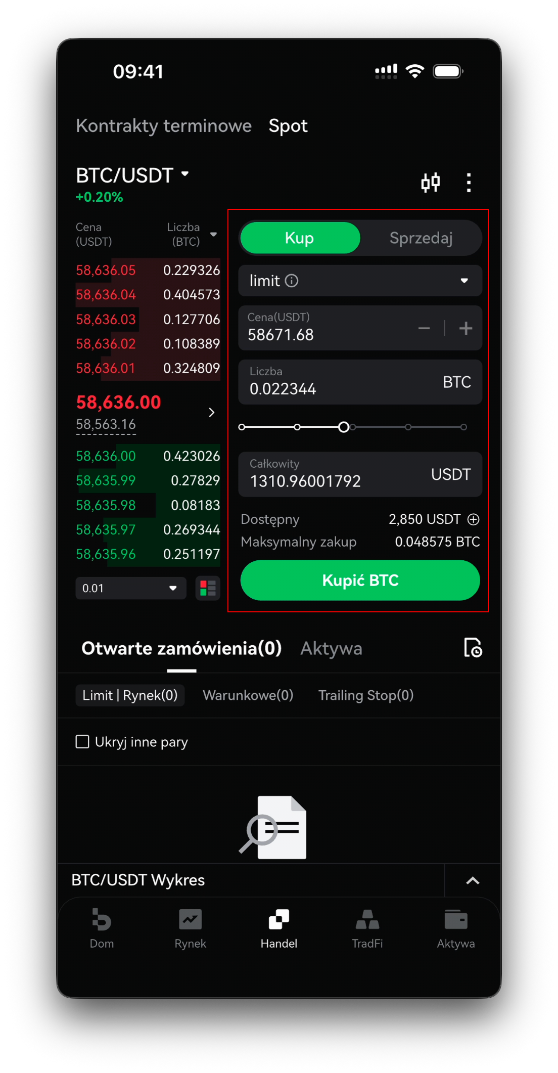 Wypełnione zlecenie — Cena, Kwota, suwak, Łącznie i przycisk Kup BTC
