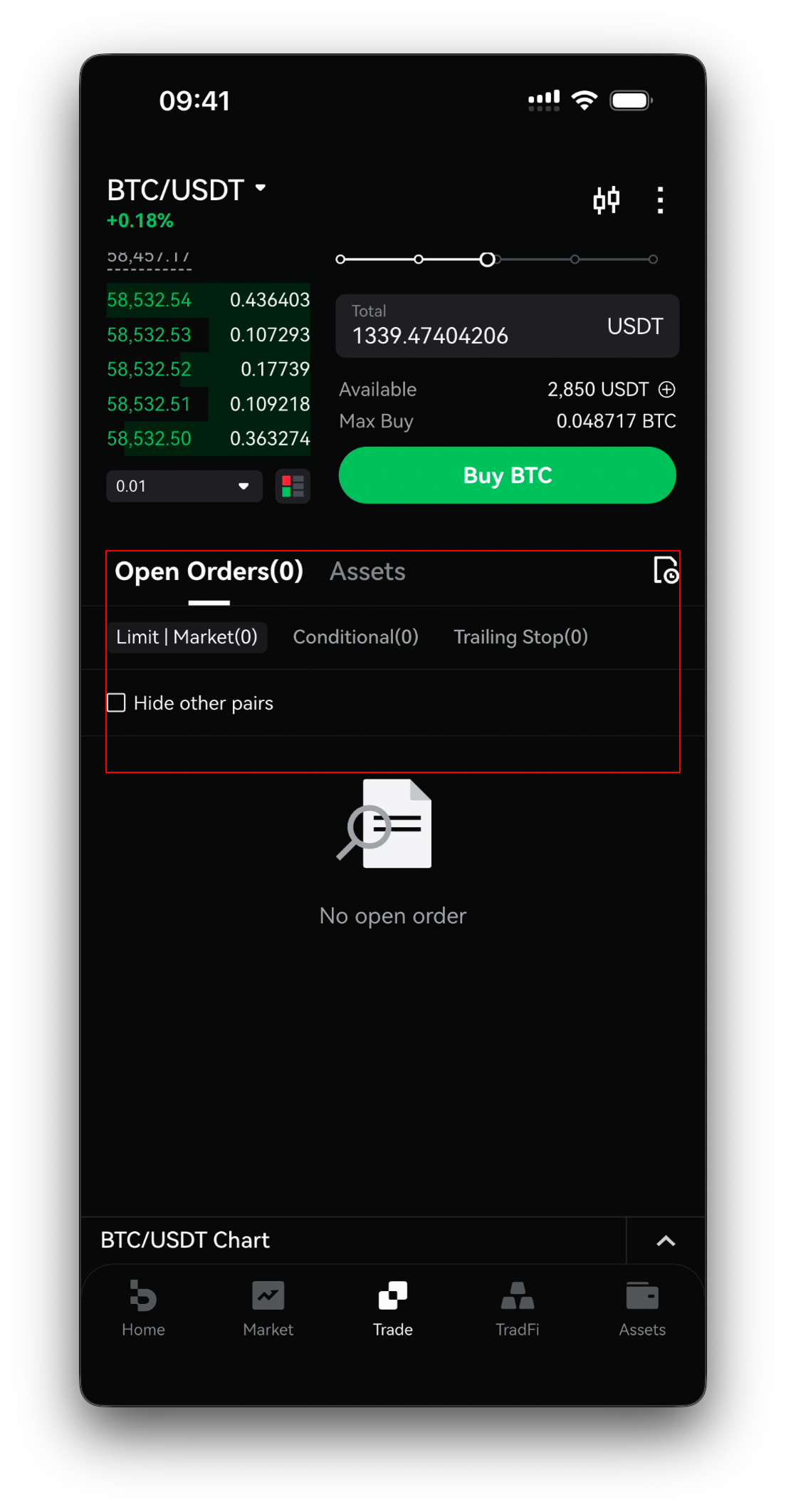 Open Orders / Assets area at the bottom of the trade screen