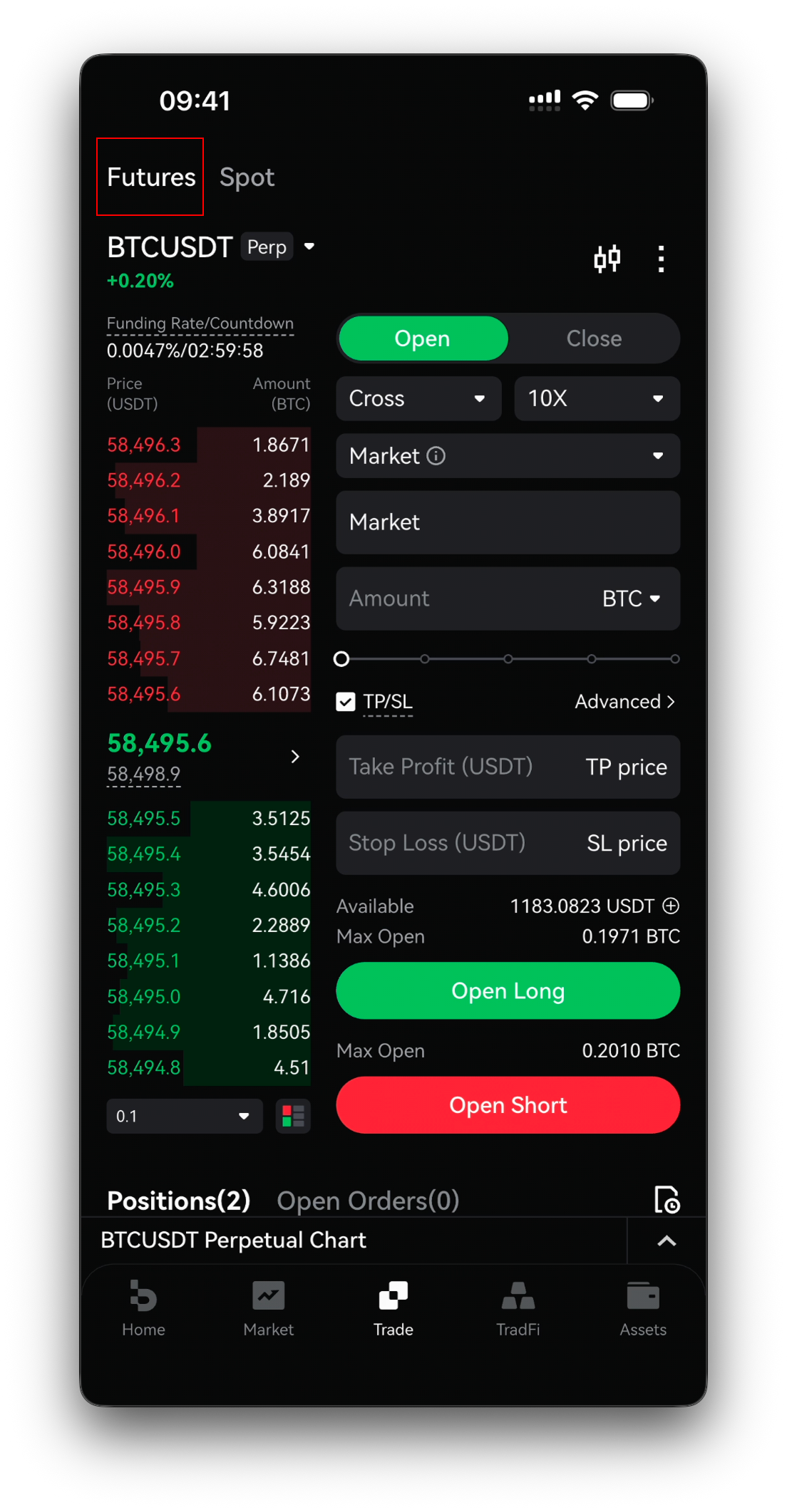 Futures trading screen — funding rate, order book and the futures order