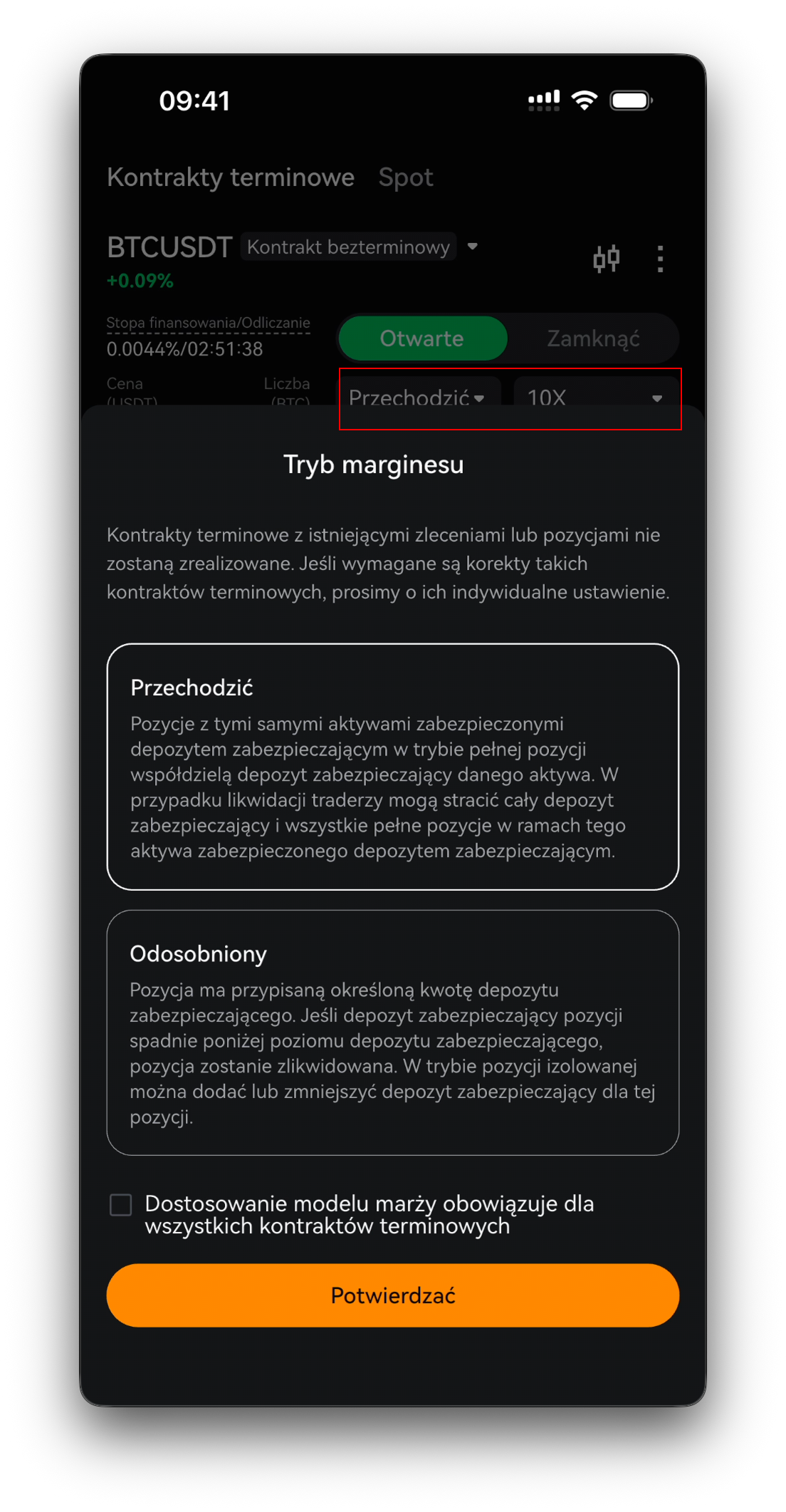 Selektory trybu depozytu (Cross / Isolated) i dźwigni