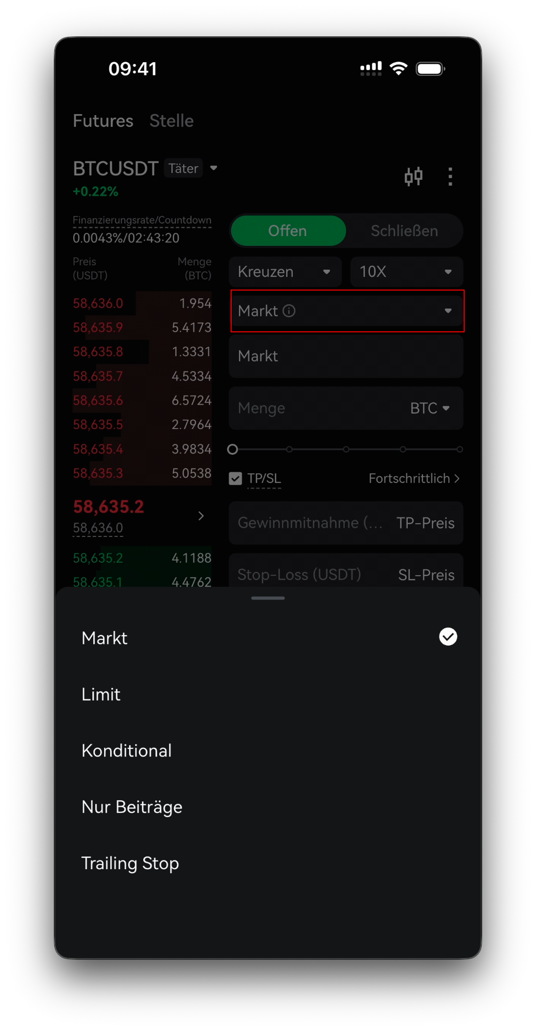 Futures-Order — Tab Offen, Ordertyp, Größe und die TP/SL-Felder