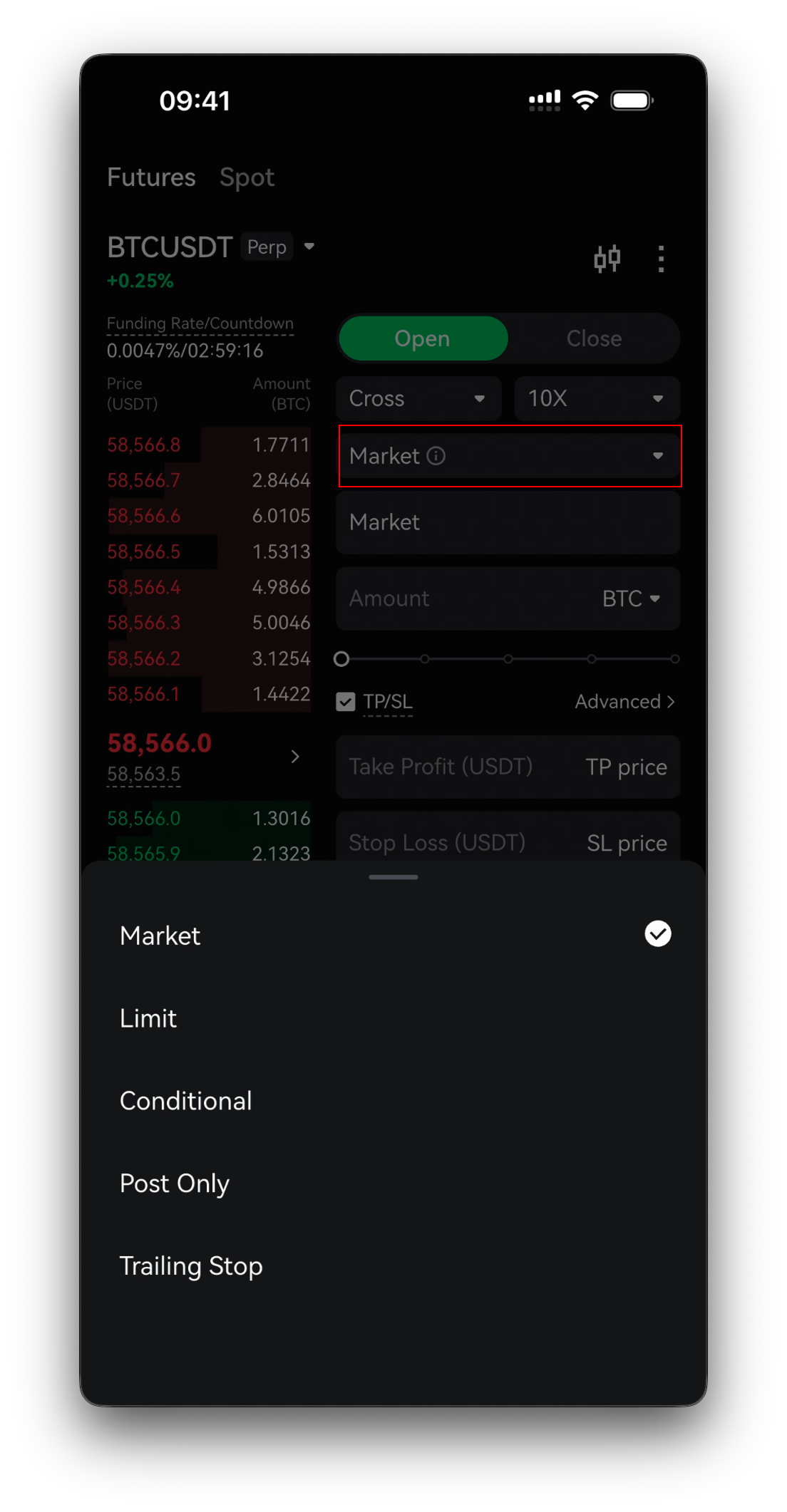 Futures order — Open tab, order type, Size and the TP/SL fields