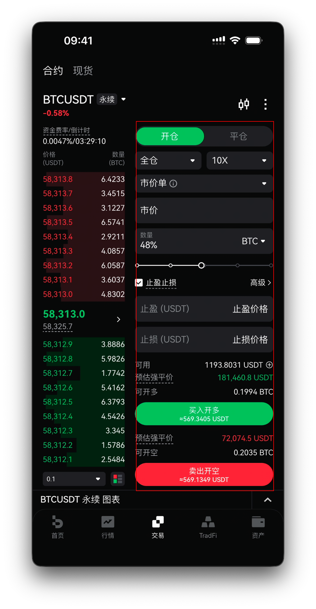 买入开多 / 卖出开空按钮，含可用与可开多 / 可开空