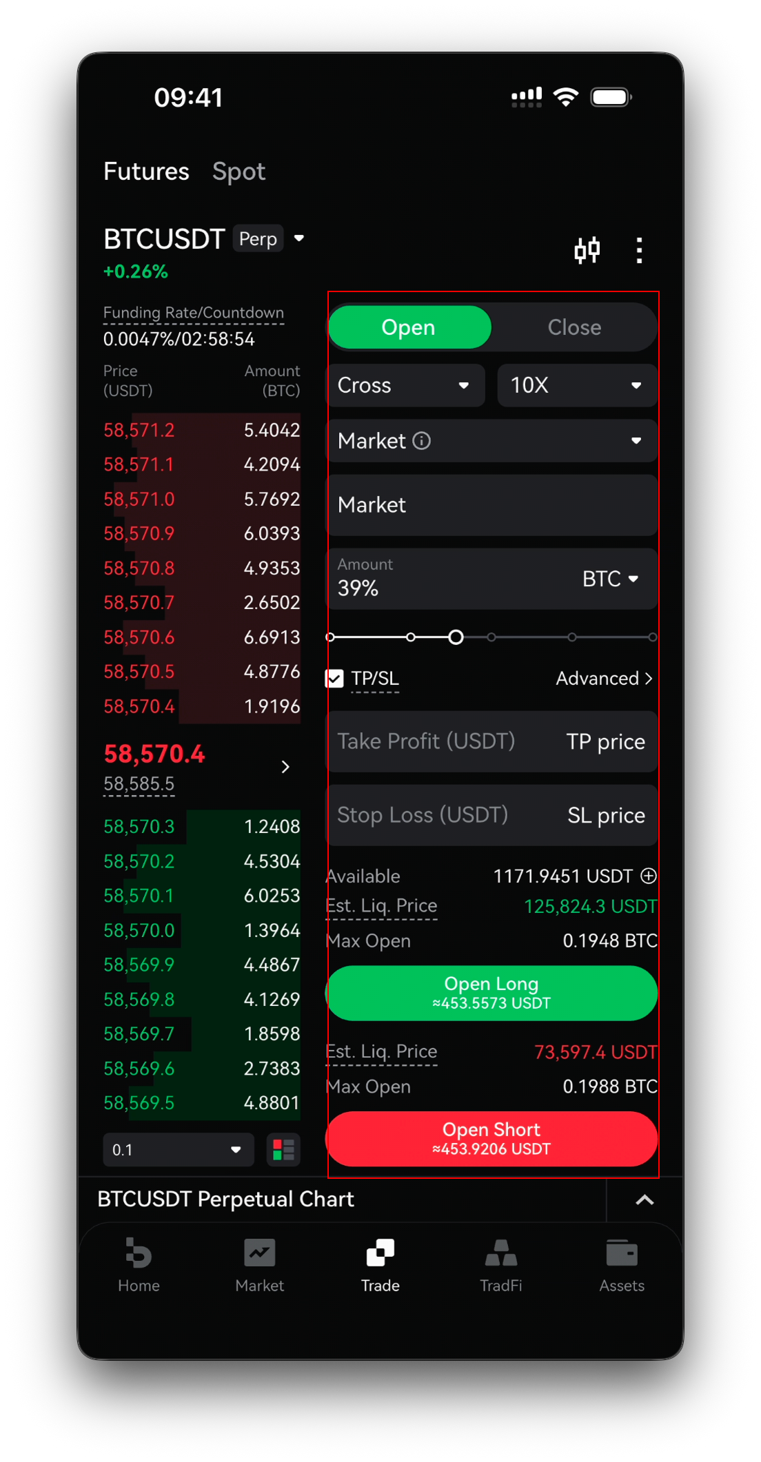 Open Long / Open Short buttons with Available and Max Long /