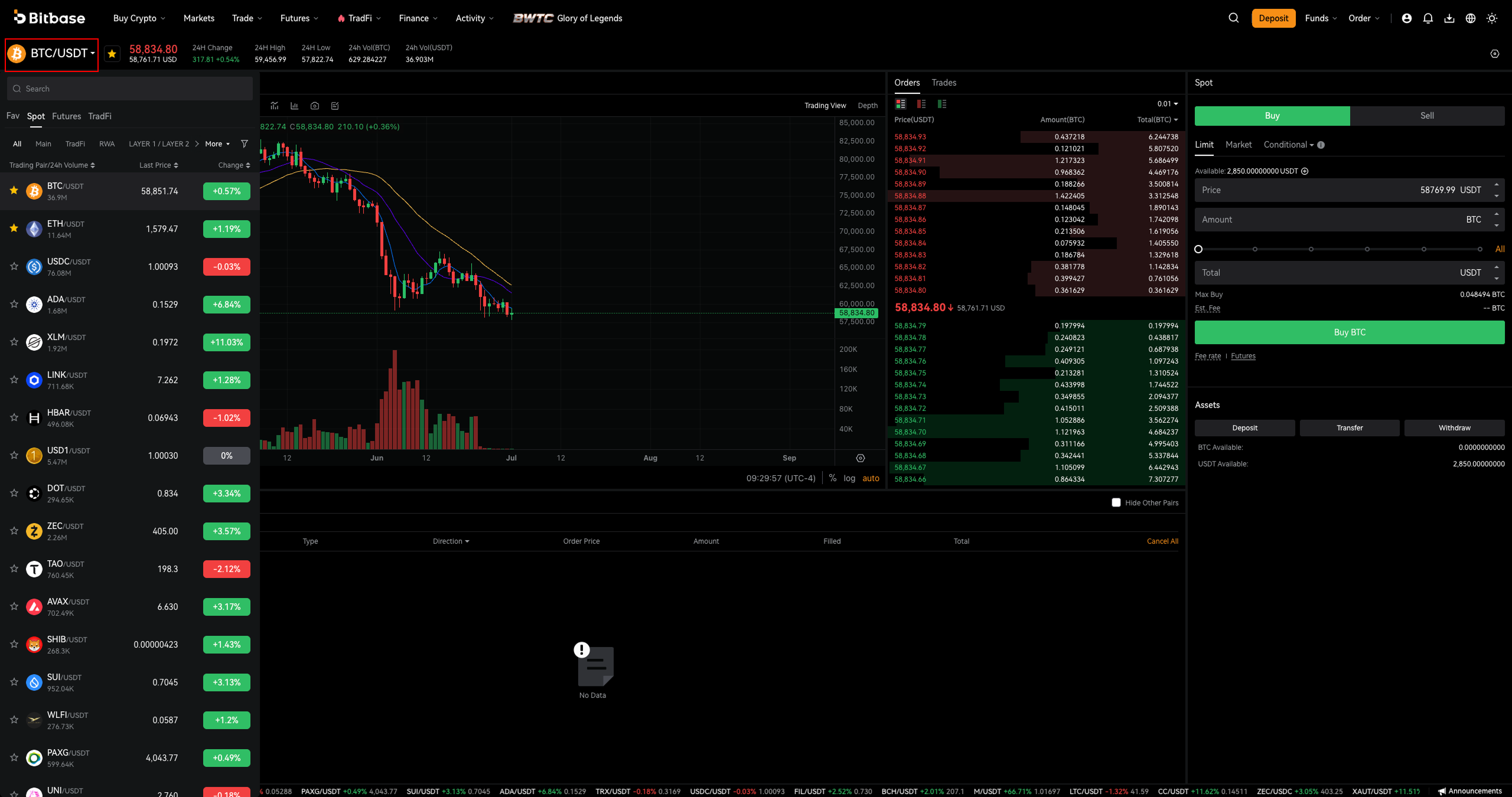 Trading-pair selector — search box, tabs and pair list