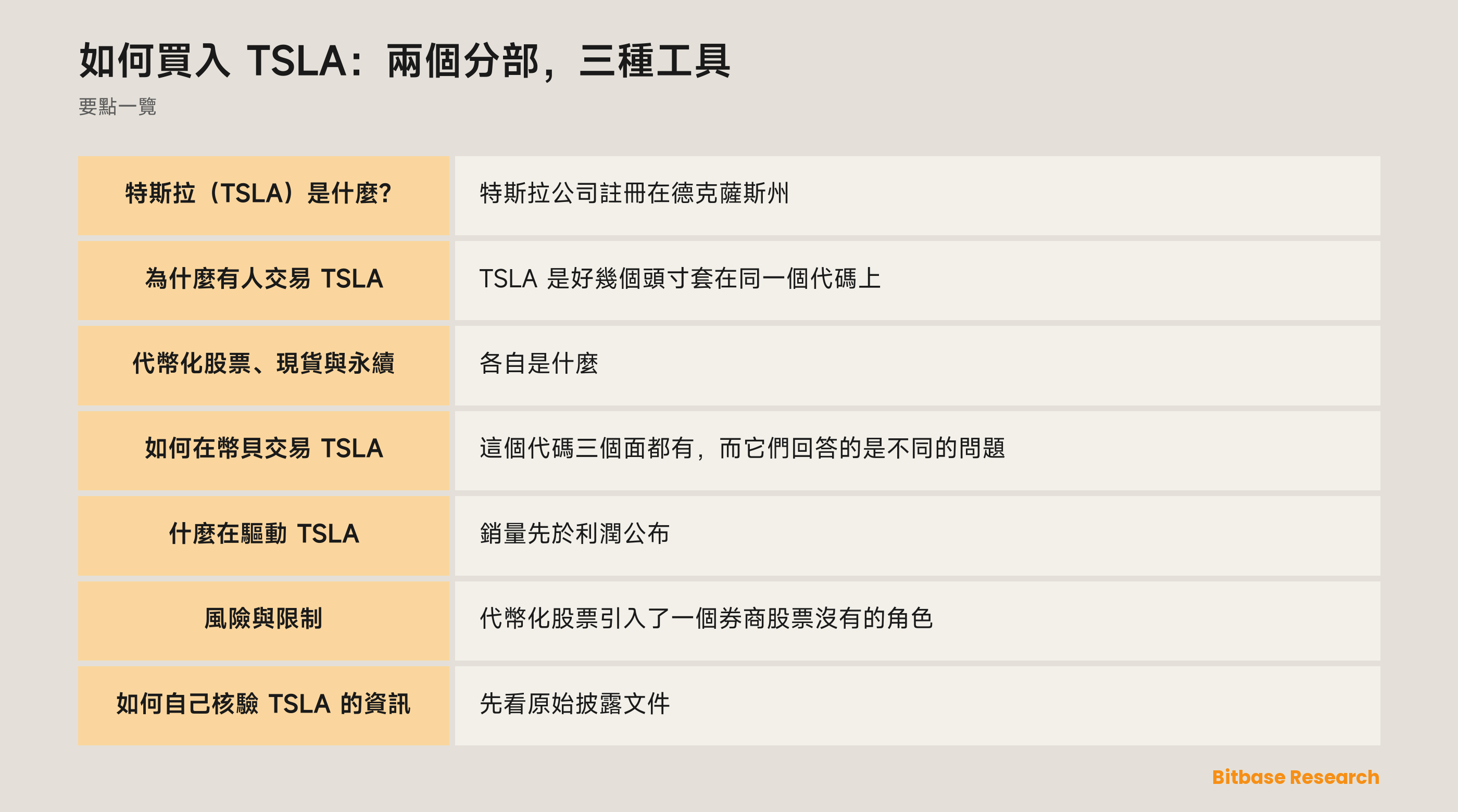如何買入 TSLA：兩個分部，三種工具: 要點一覽圖