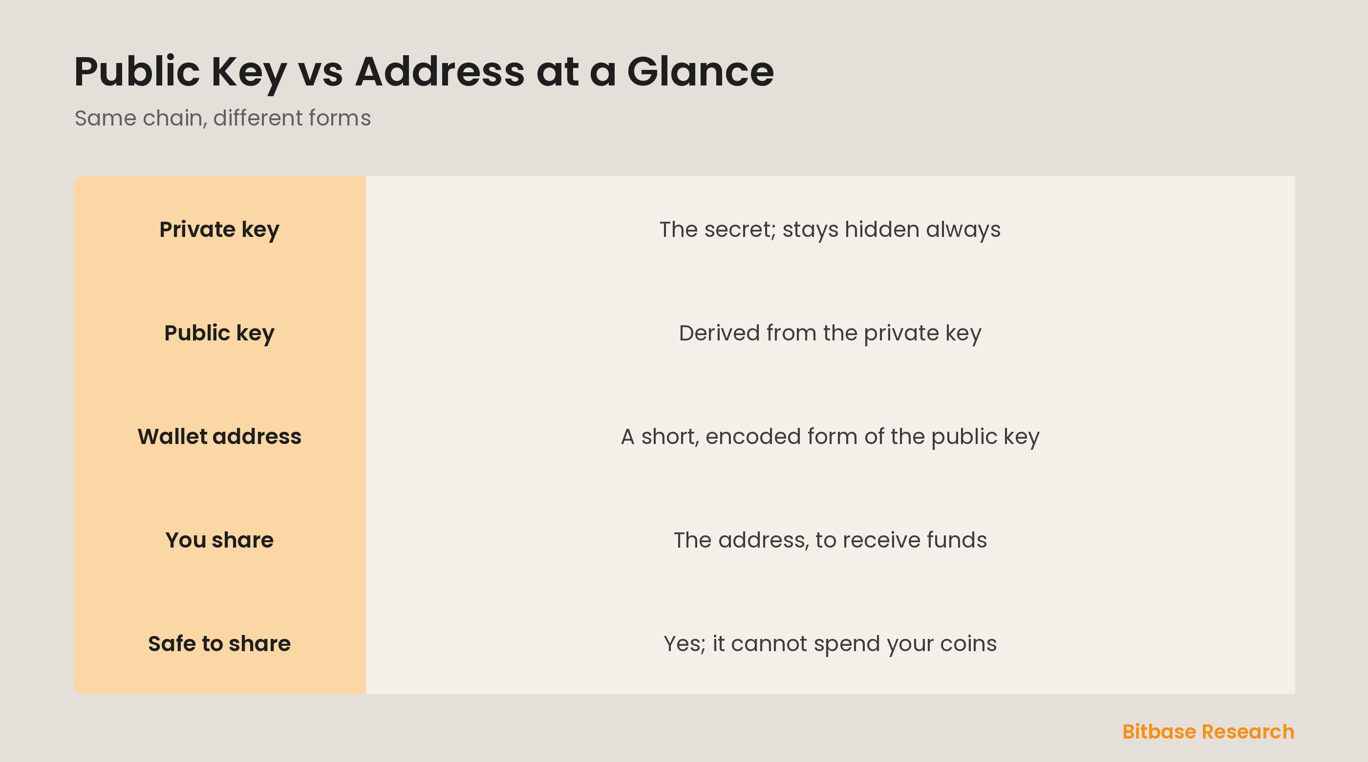 From private key to address at a glance: how the public key and wallet address are derived and shared.
