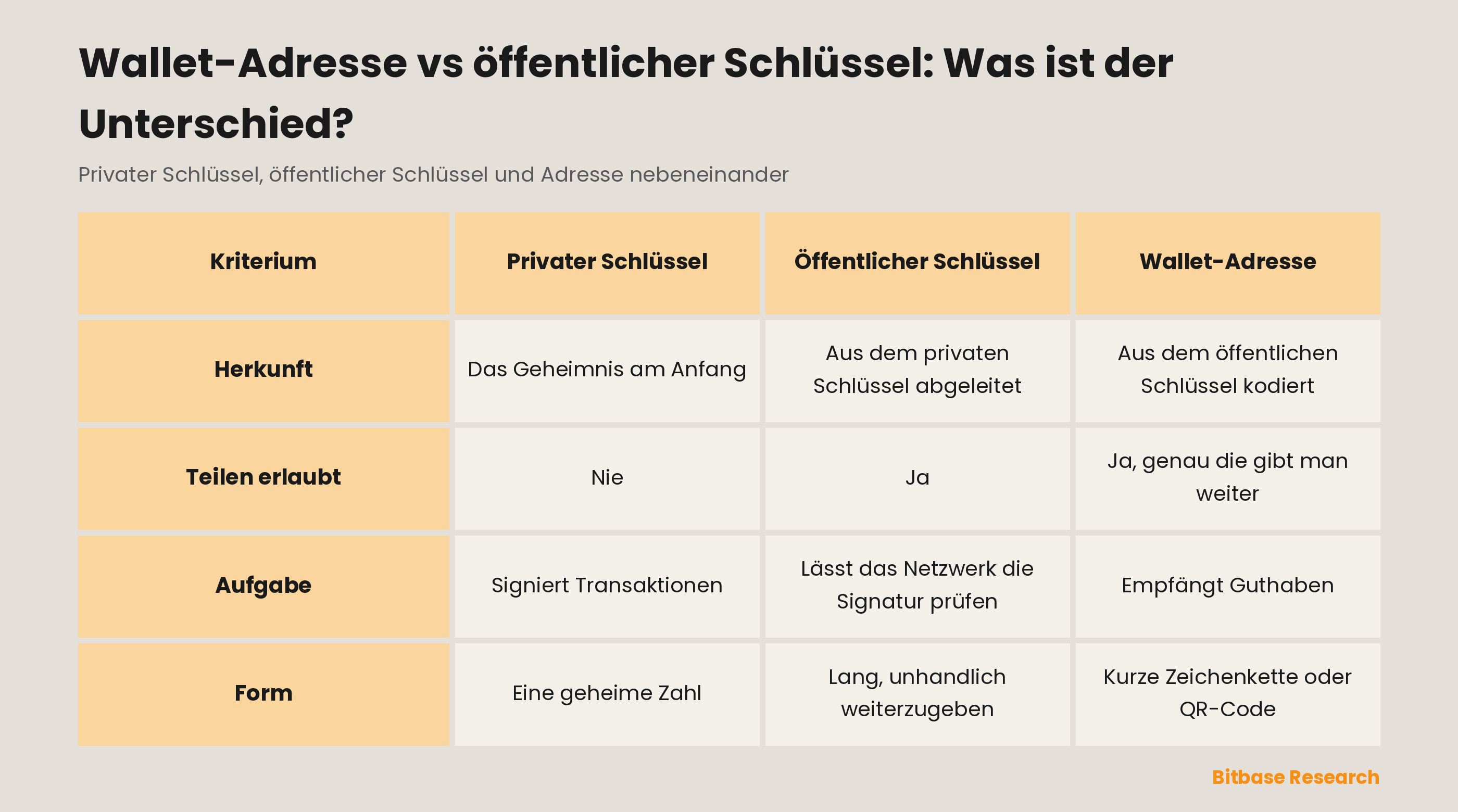 Privater Schlüssel, öffentlicher Schlüssel und Wallet-Adresse im Vergleich: Herkunft, was geteilt werden darf, Aufgabe und Form.