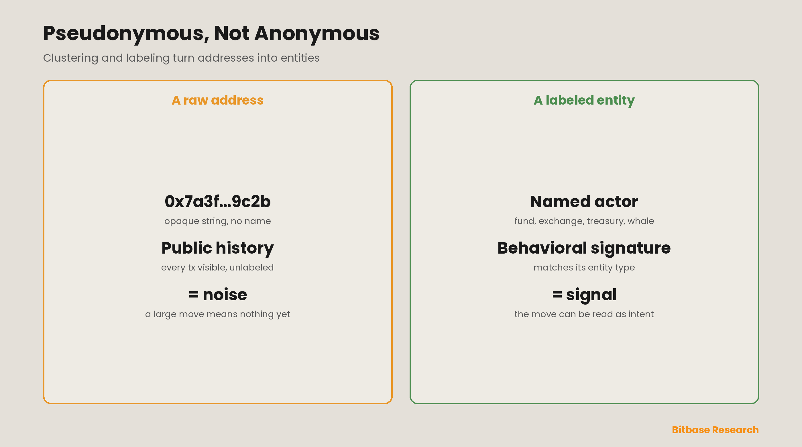 Pseudonymous, not anonymous: on one side a raw blockchain address is an opaque string with a public but unlabeled transaction history; on the other, clustering and entity-labeling turn it into a named actor — a venture fund, an exchange, a treasury or a smart-money wallet — whose behavior can finally be read as a signal rather than noise.