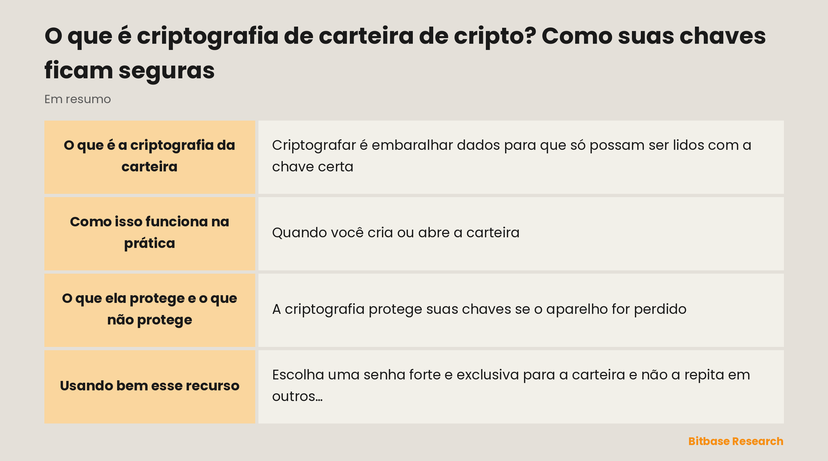 A criptografia da carteira em resumo: o que é, o que protege e por que não substitui o backup da sua frase-semente.