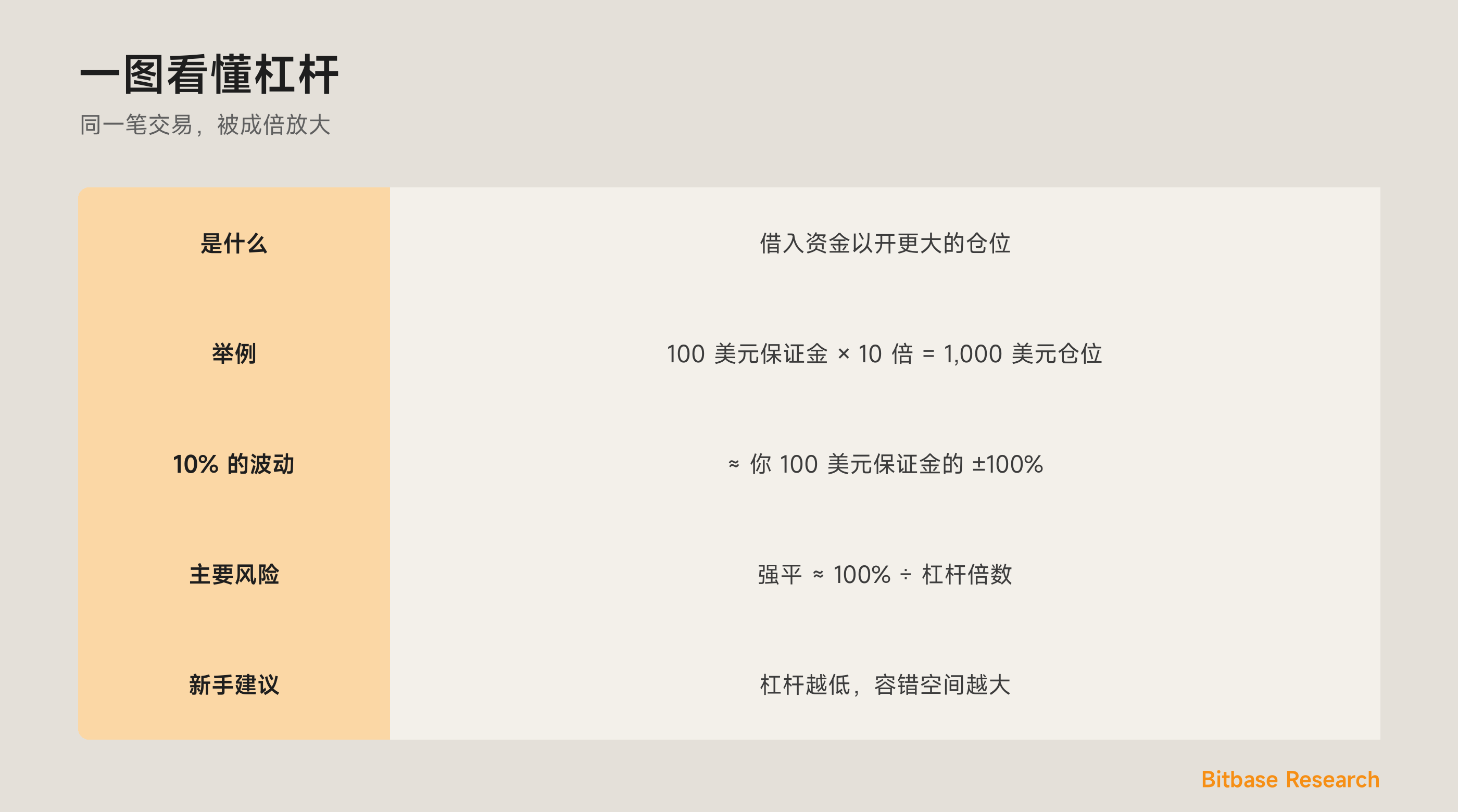 一图看懂杠杆：定义、10 倍举例、10% 波动对保证金的影响、强平风险，以及新手建议。